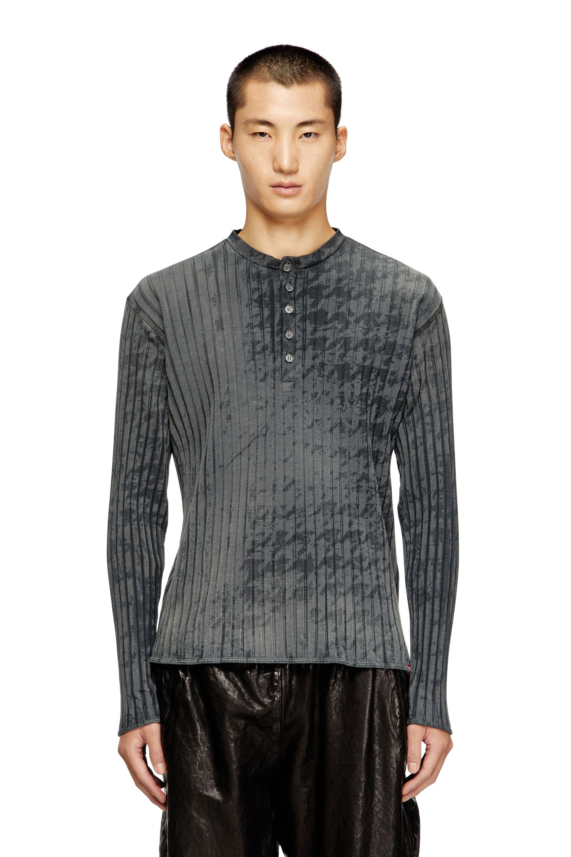 Diesel - T-ALLY-PIE, Male's Ribbed Henley top with houndstooth motif in ブラック - 1