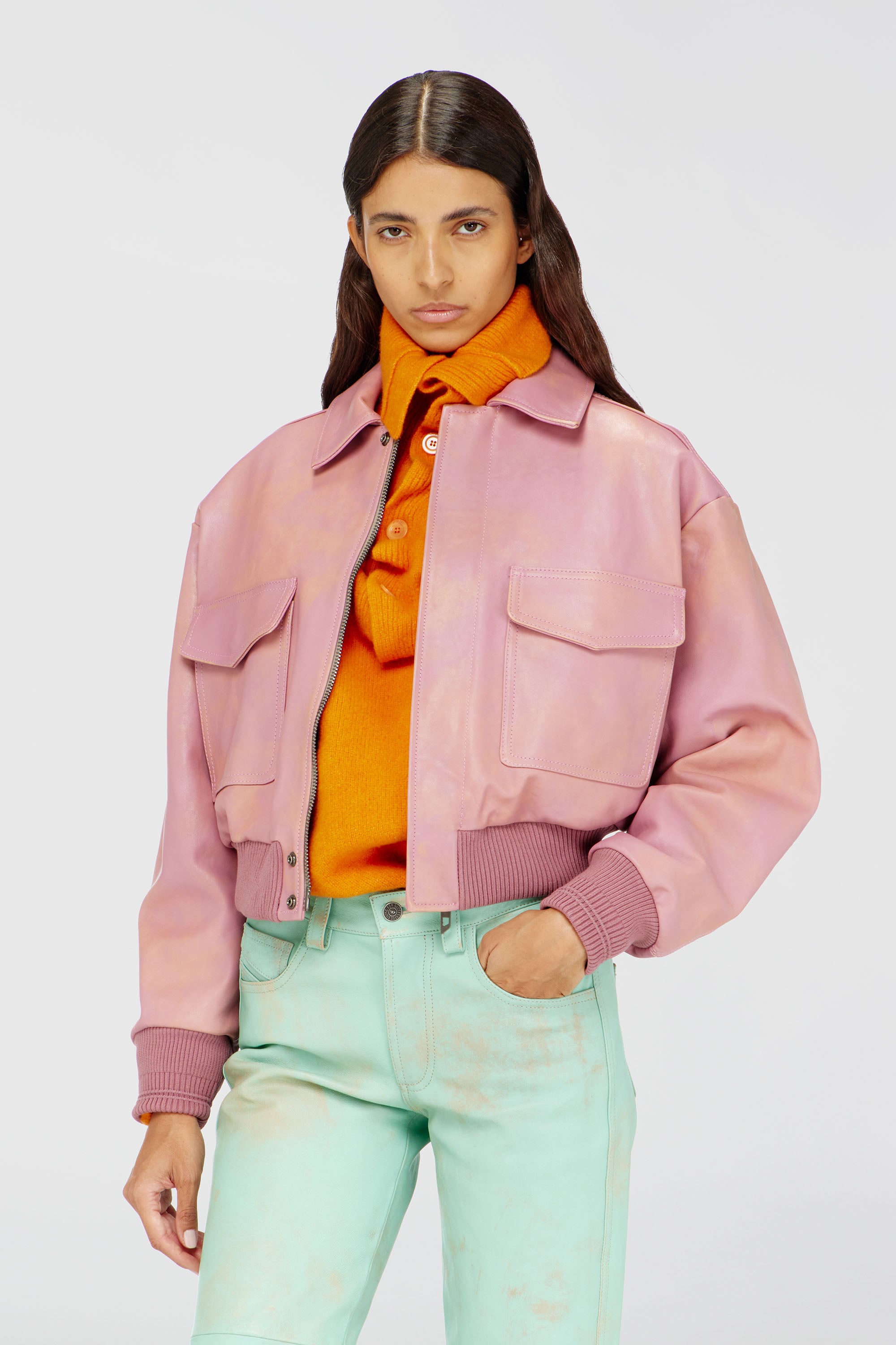 Diesel - L-AVIA, Female's Aviator jacket in treated leather in ピンク / ホワイト - 1