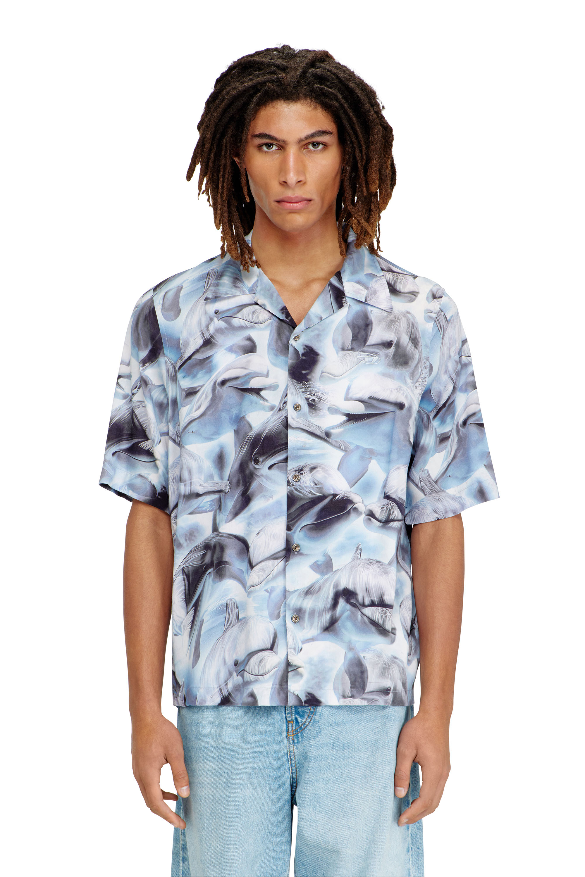 Diesel - S-BRACK-DOLPHIN, Male's Fluid short-sleeve shirt with all-over print in ライトブルー - 3