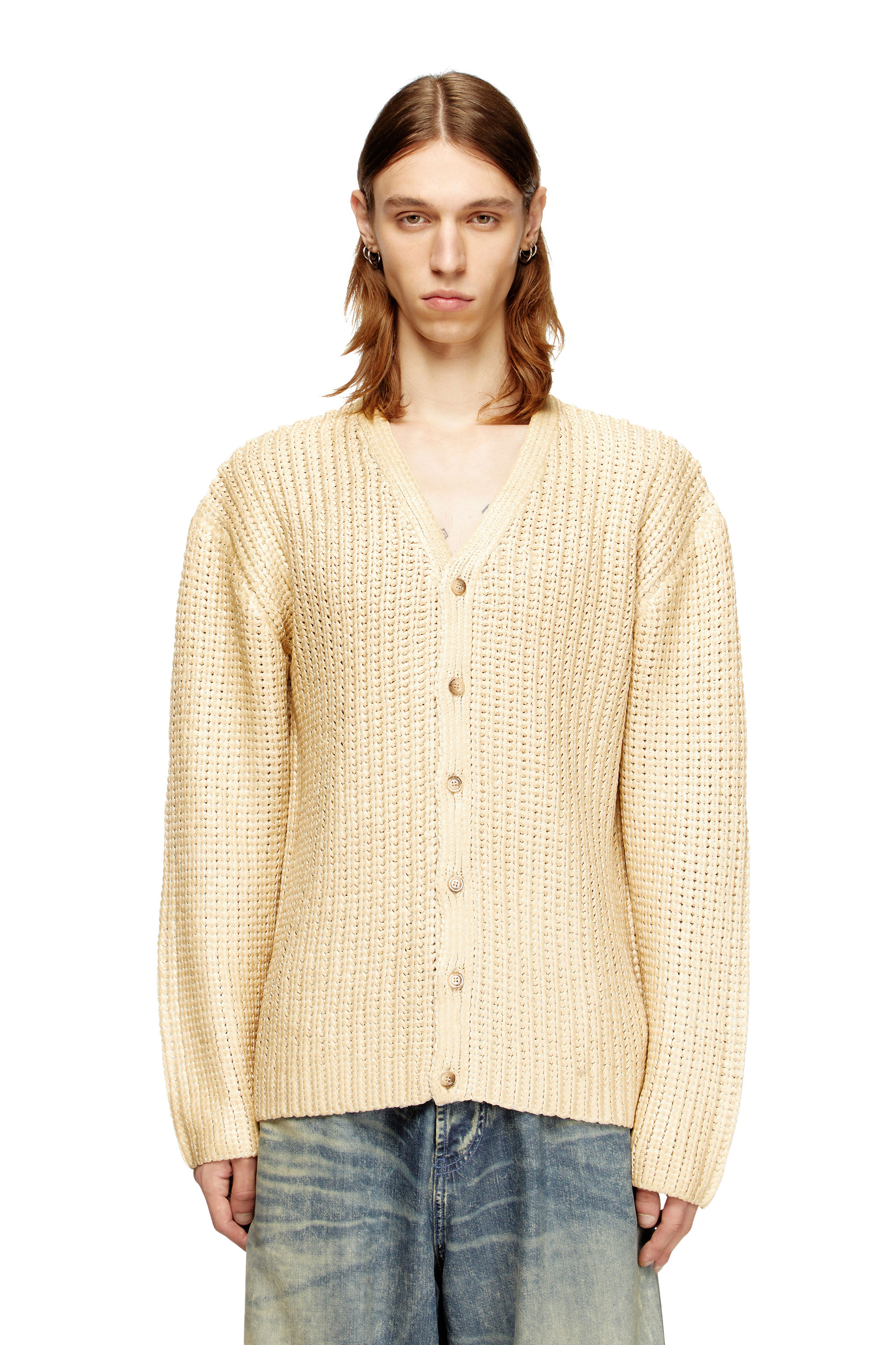 Diesel - K-MICHOR, Male's Ribbed cardigan with shiny effect in ライトブラウン - 3