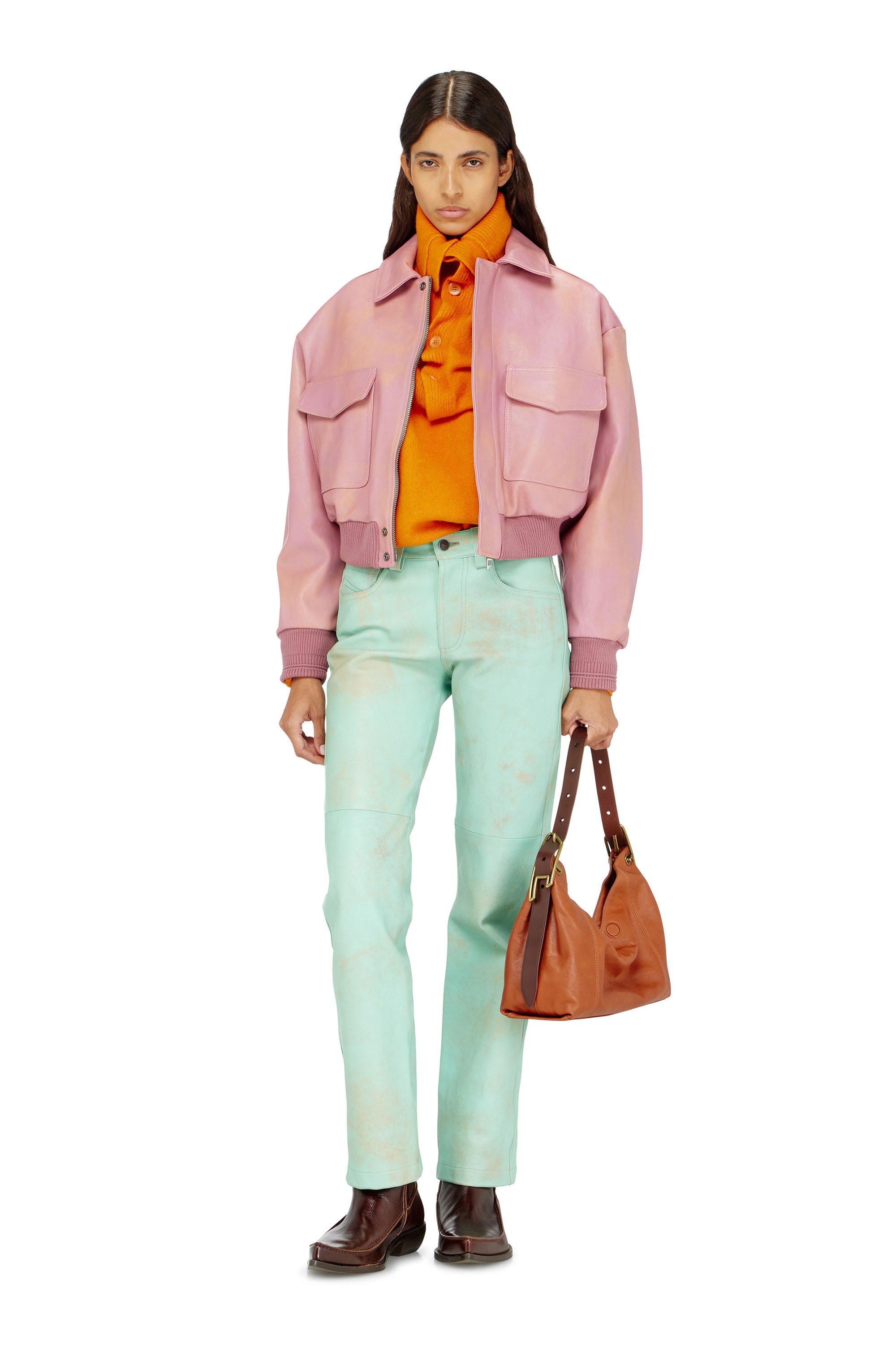 Diesel - L-AVIA, Female's Aviator jacket in treated leather in ピンク / ホワイト - 2
