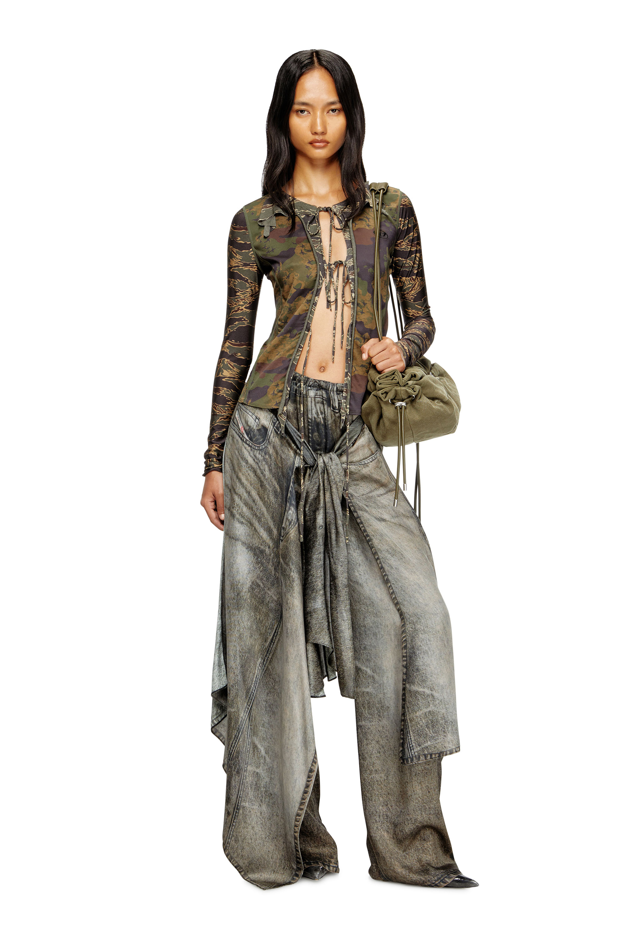 Diesel - T-AFRY, Female's Tie cardigan with mixed camo prints in ミリタリーグリーン - 2