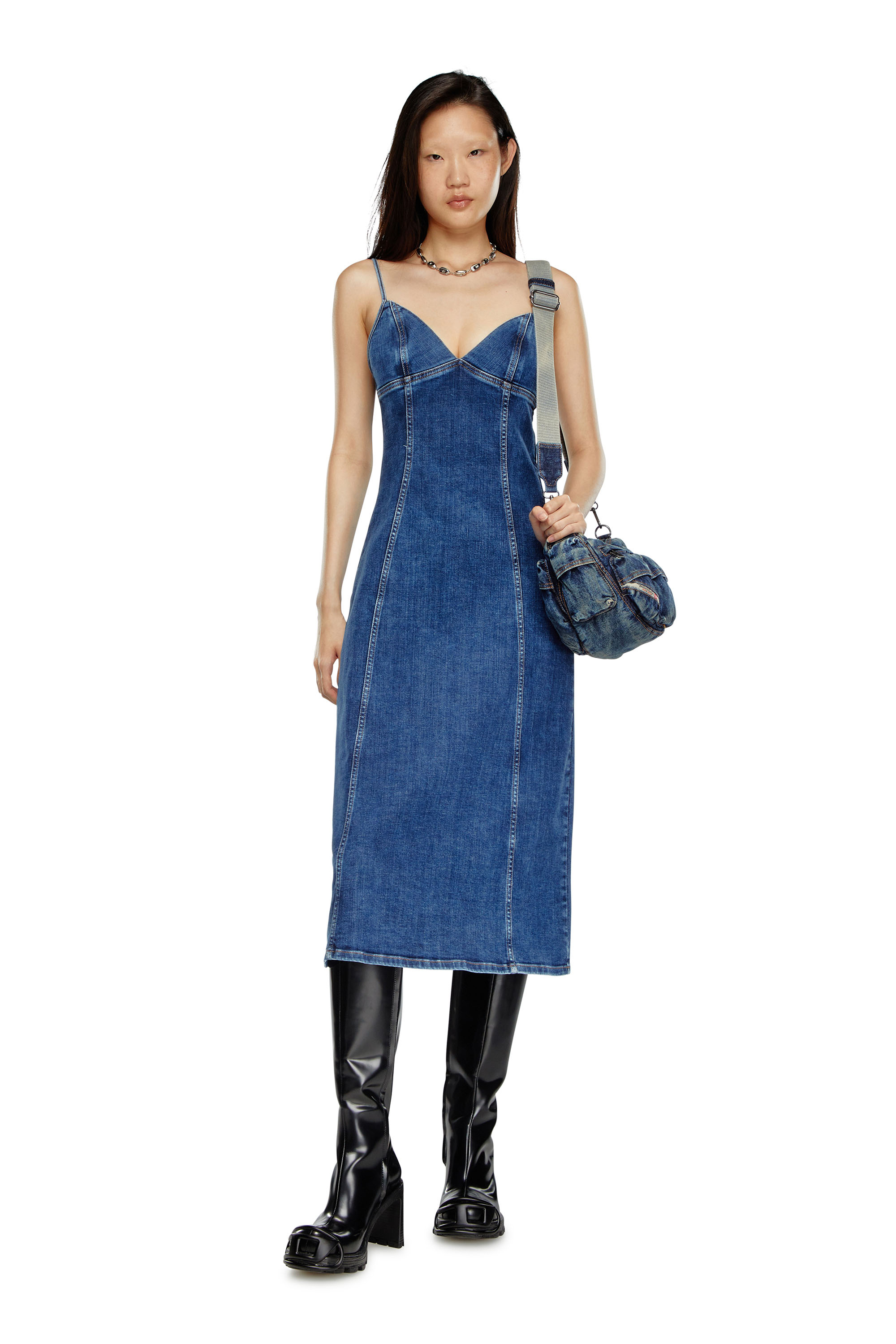 Diesel - DE-FULVY-DRESS-D, Female's Strappy midi dress in denim in ブルー - 1