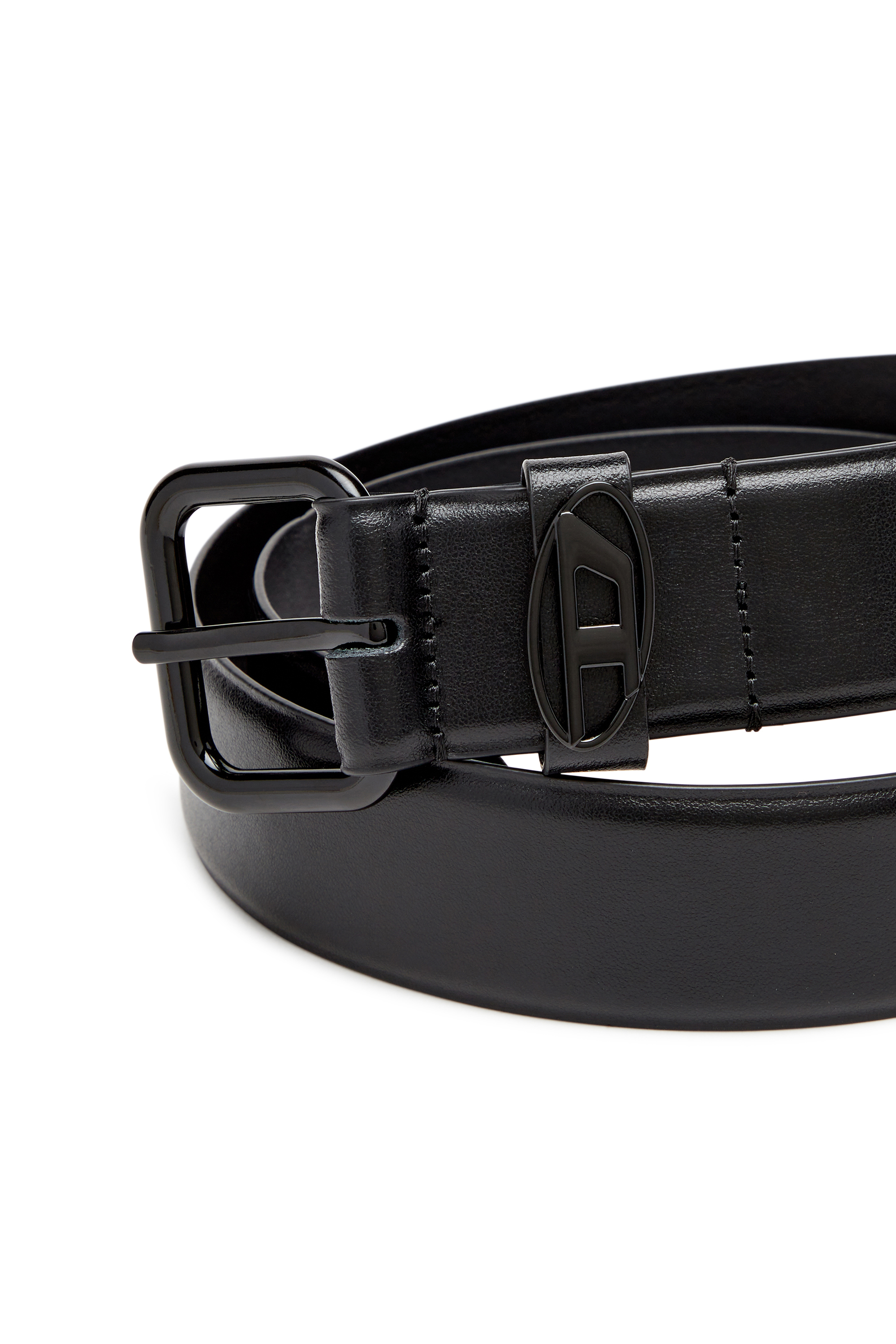 Diesel - B-1DR OVAL D LOOP, Unisex's 3.9cm logo-plaque embellished leather belt in ブライトブラック - 3
