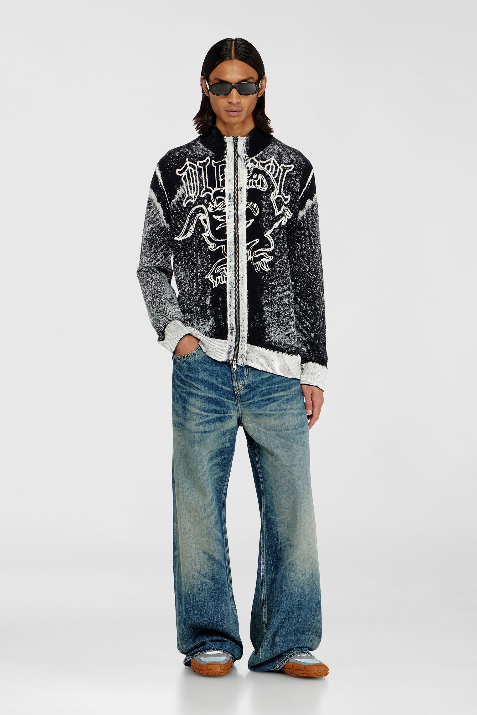 Diesel - K-LAUROS, Male's ジップアップカーディガン in ブラック/ホワイト - 2