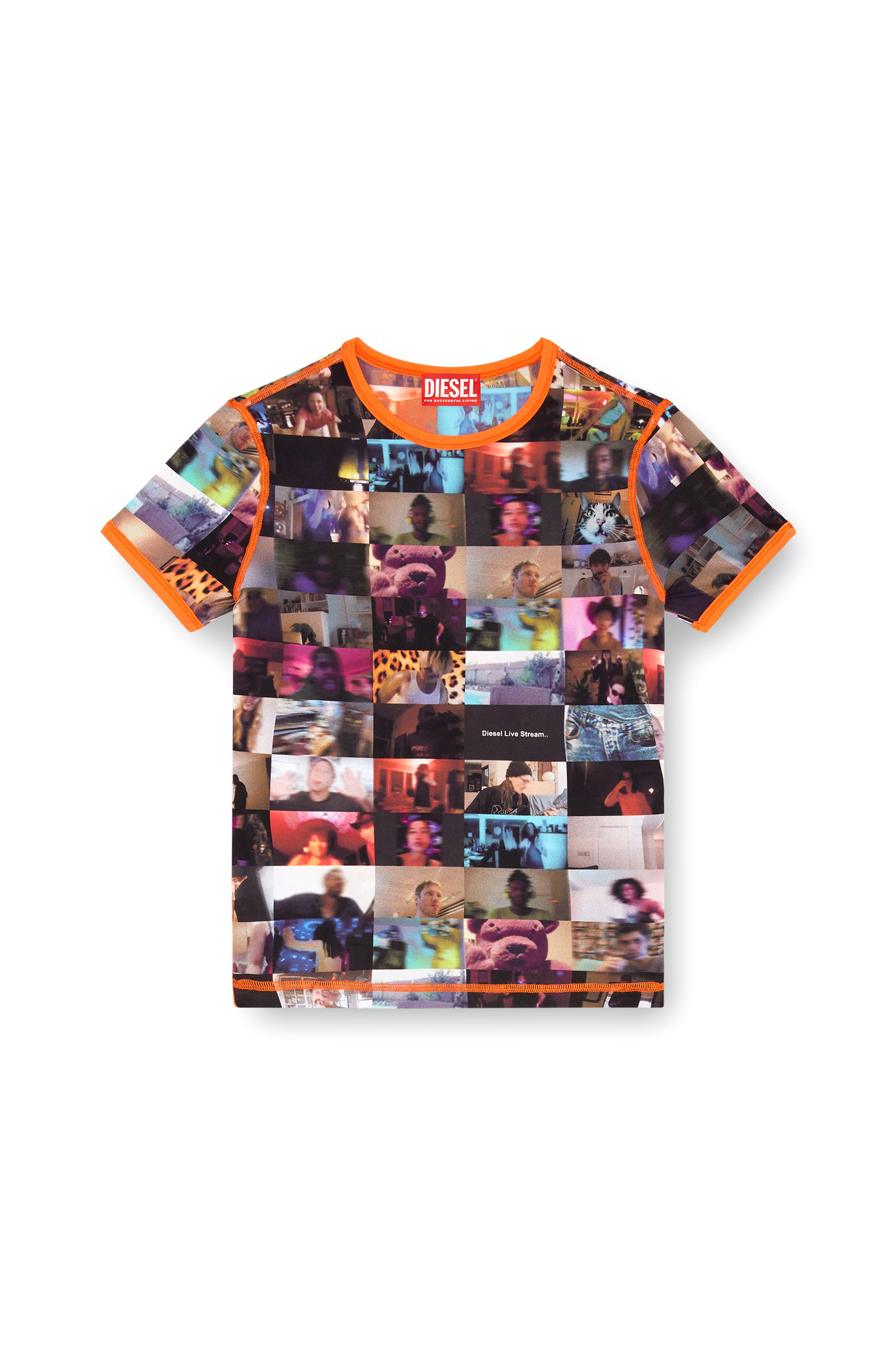 Diesel - T-UNCALL, Female's Stretch jersey top with Livestream print in ブラック/オレンジ - 3