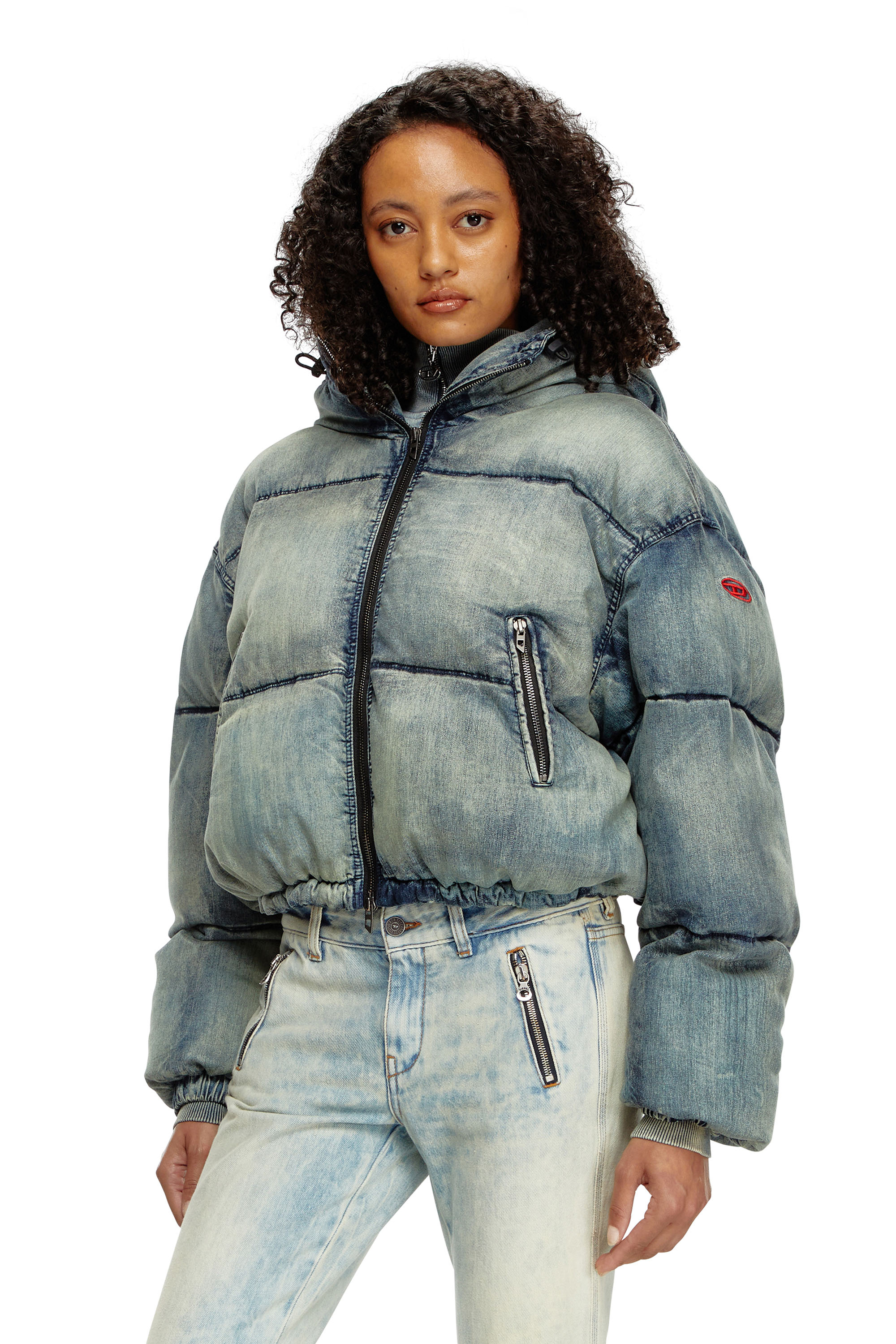 Diesel - W-AVES, Female's Cropped hooded puffer jacket in denim in ブルー - 1