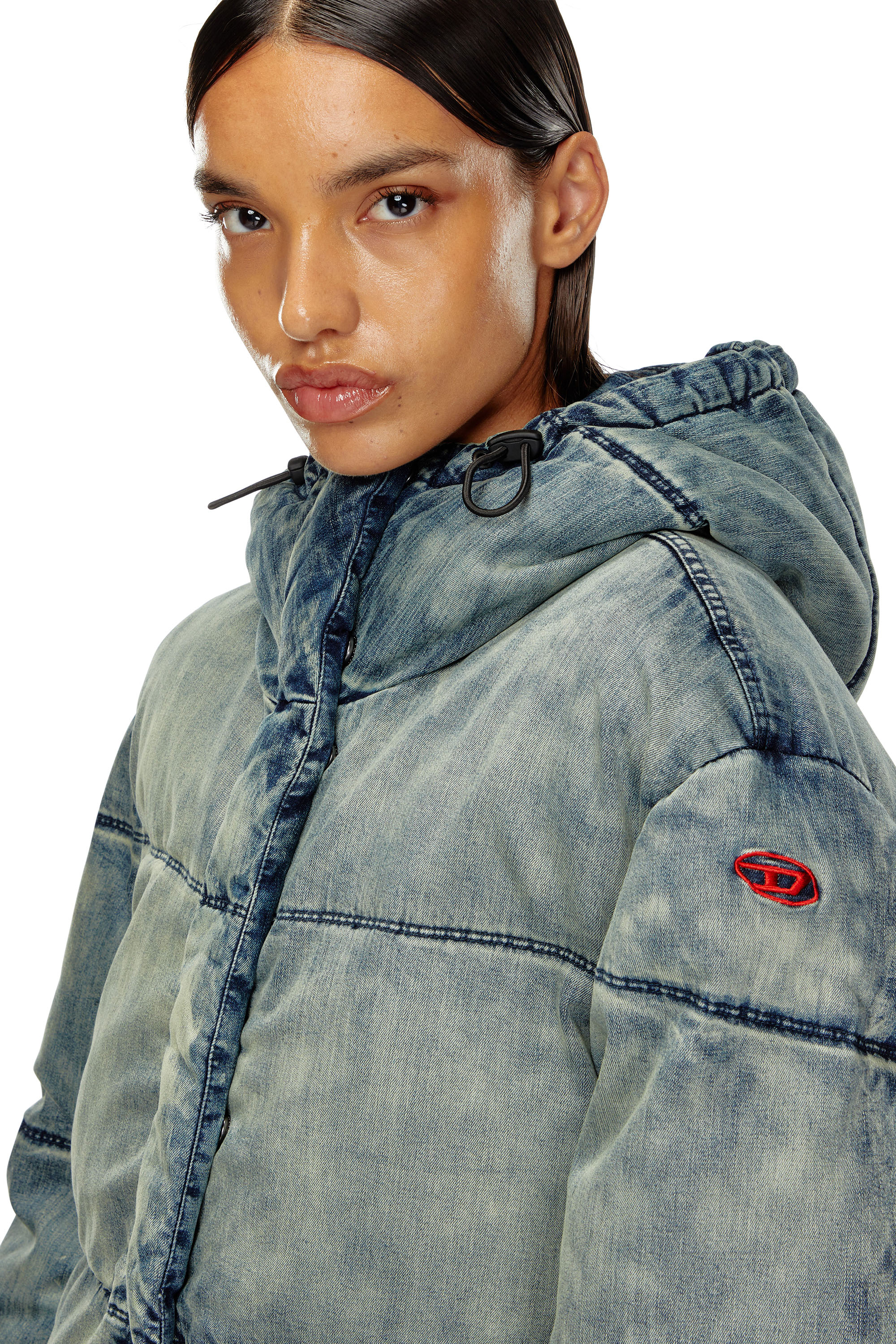 Diesel - W-AVES-LONG, Female's Hooded puffer coat in stretch denim in ブルー - 4