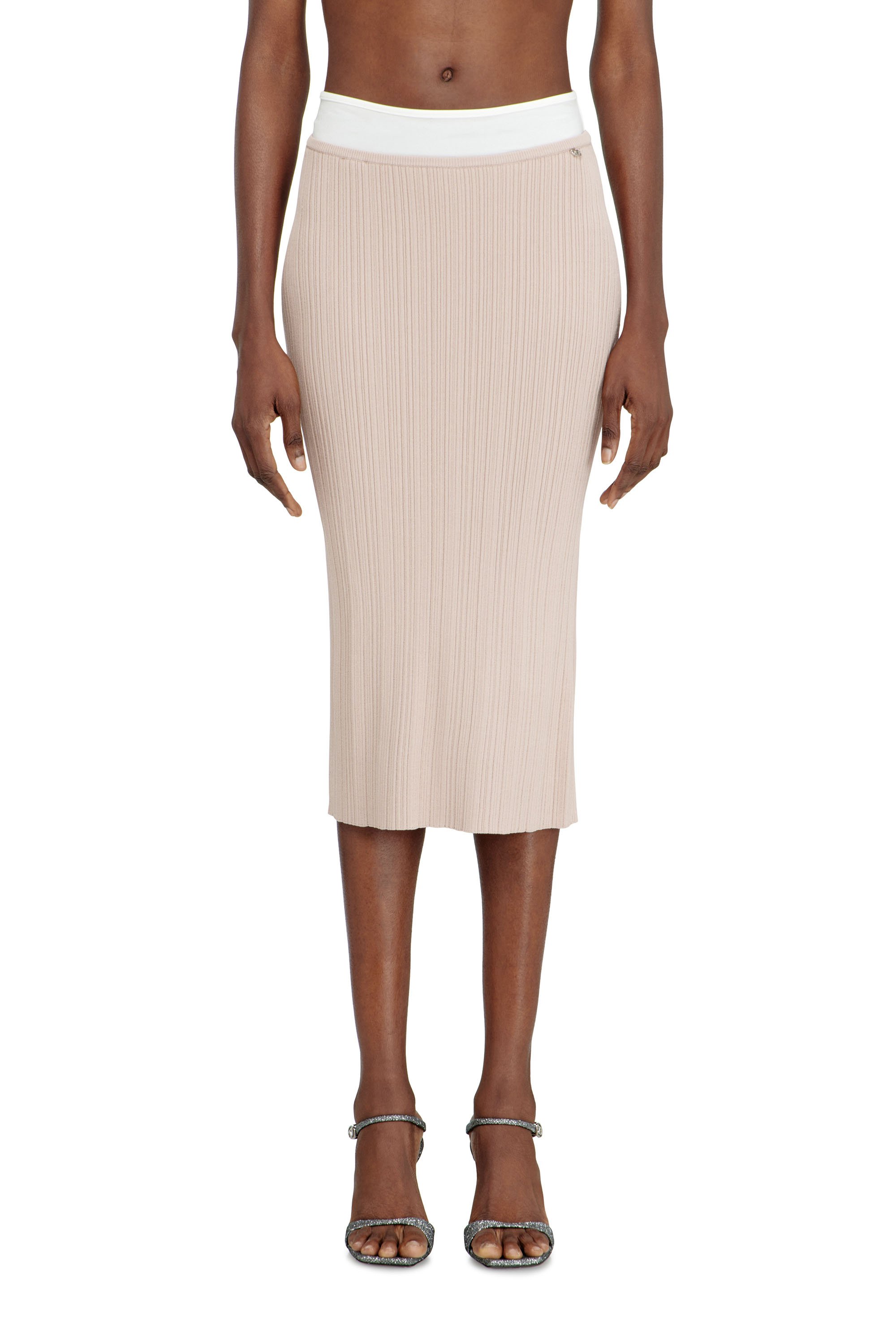 Diesel - M-ZINIA, Female's Ribbed knit skirt with contrast waistband in ピンク / ホワイト - 1