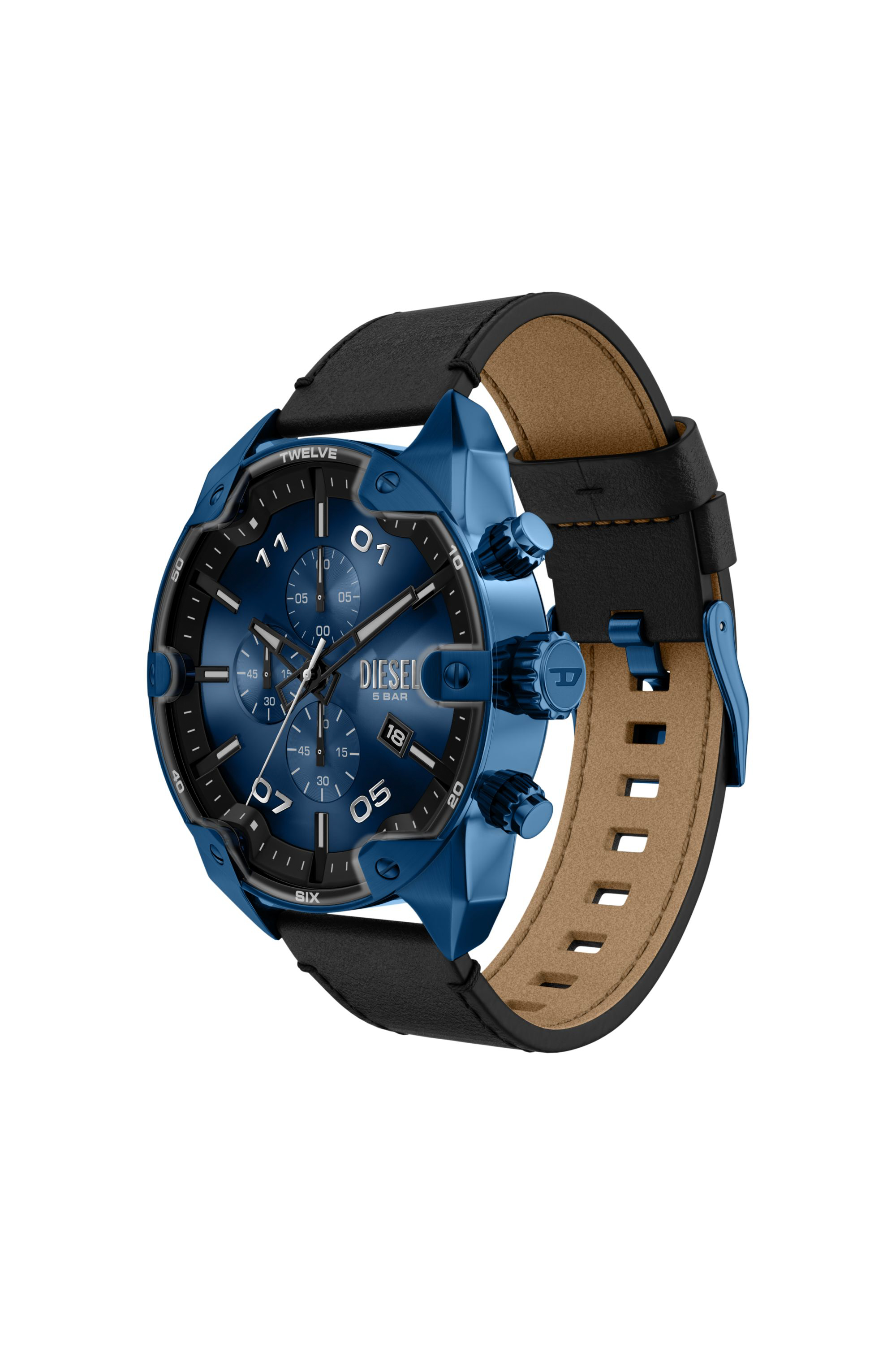Diesel - DZ4703 WATCH, Male's Spiked Chronograph Black Leather Watch in ブラック/ブルー - 2
