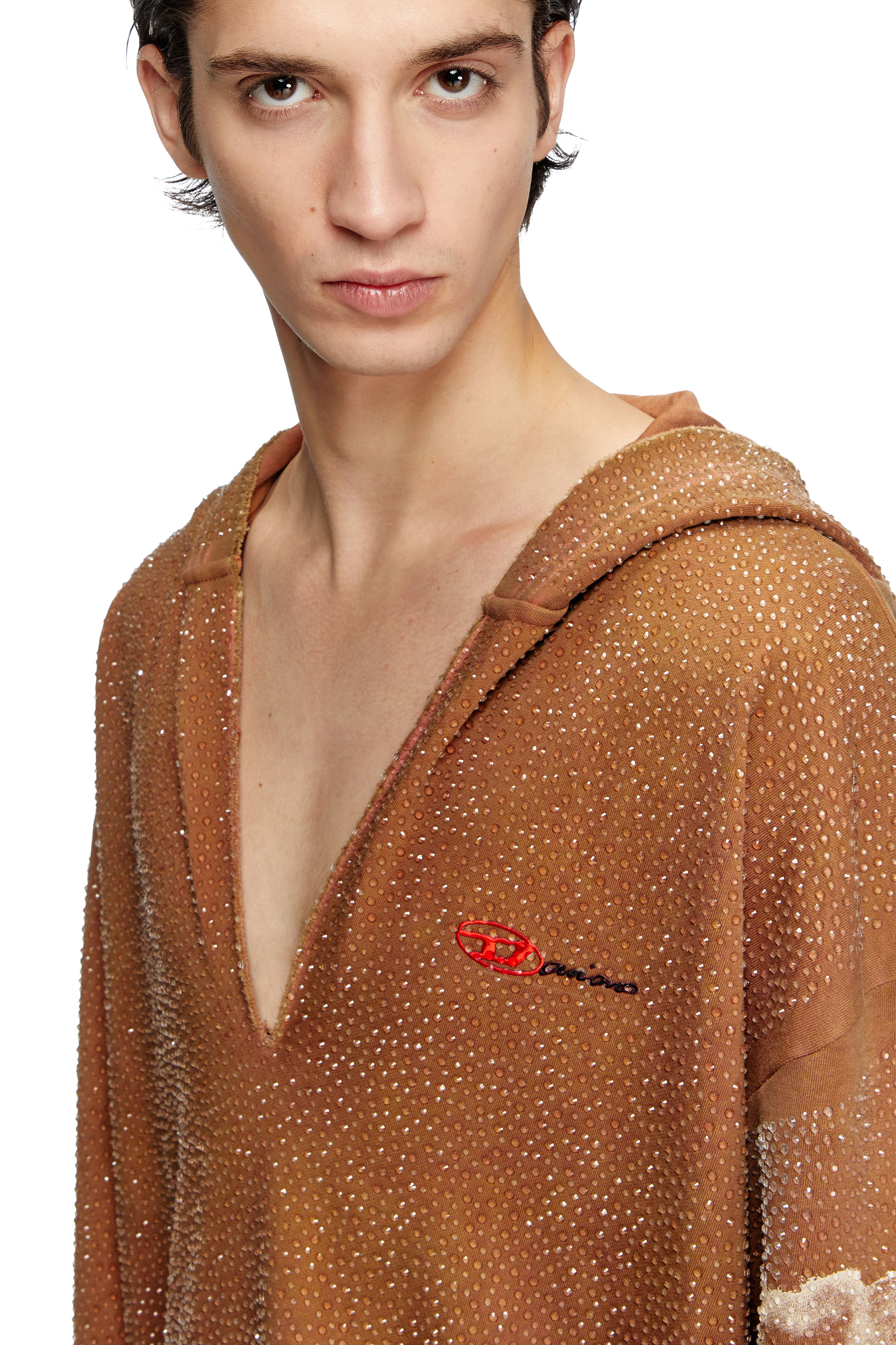 Diesel - S-BOXT-HOOD-LUX-DD, Unisex's Treated V-neck hoodie with crystals in ブラウン - 5
