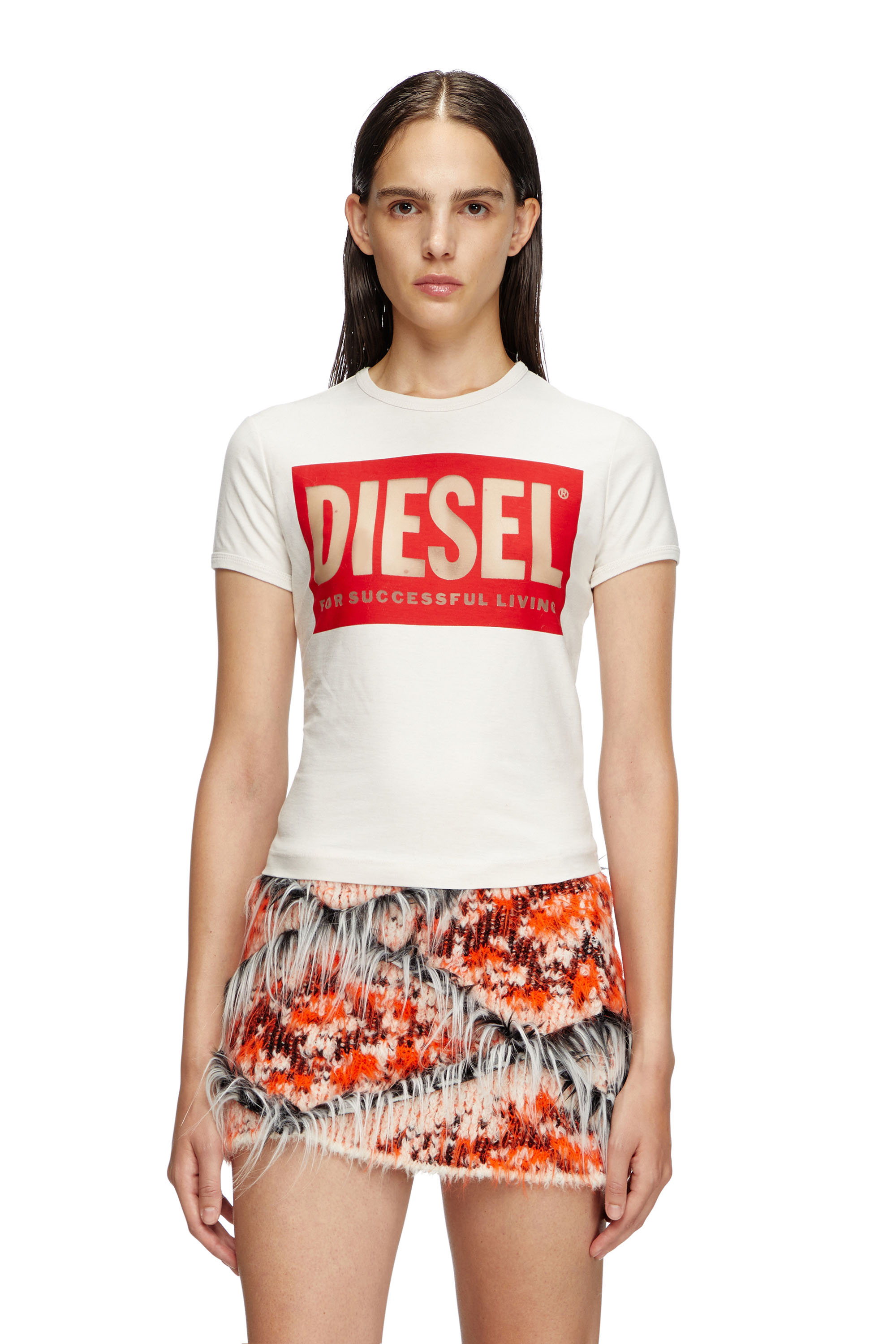 Diesel - T-MALUN, Female's T-shirt with devoré Biscotto logo in ホワイト - 1