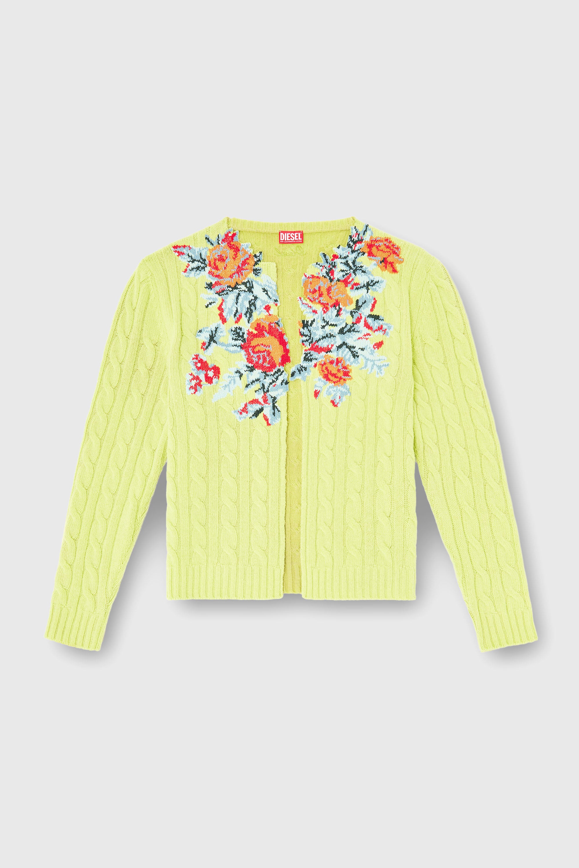 Diesel - K-RINO, Male's Open-front cardigan in floral cable knit in 蛍光イエロー - 2