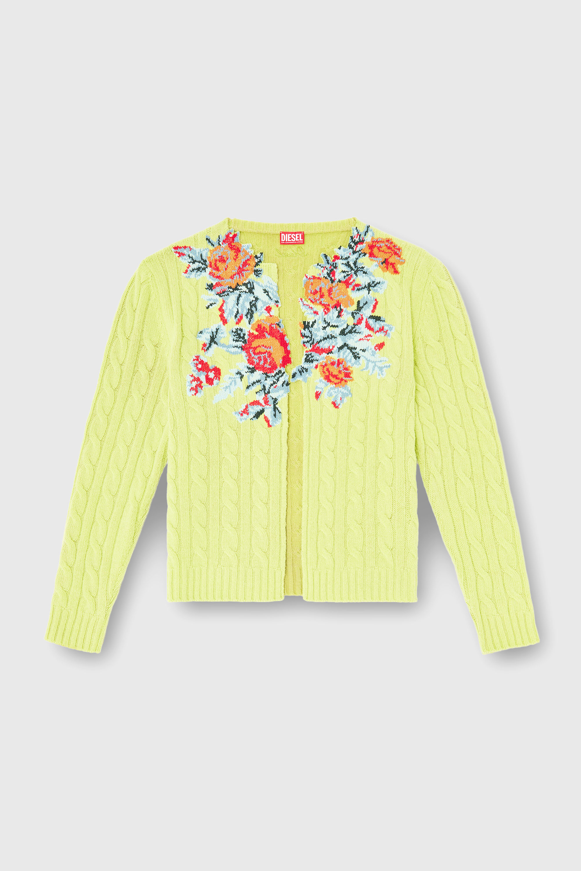 Diesel - K-RINO, Male's Open-front cardigan in floral cable knit in 蛍光イエロー - 2