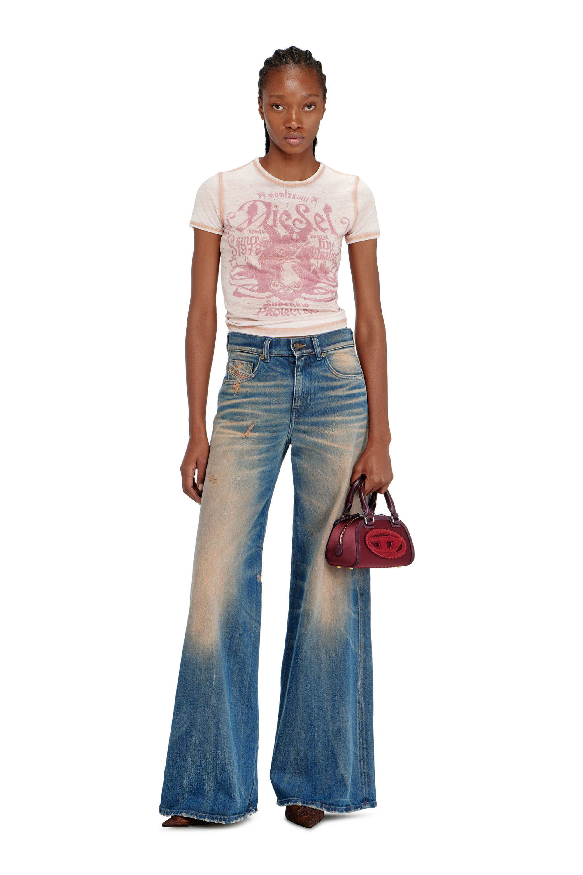 Diesel - T-UNCUTIES-LONG-AA3, Female's Tシャツ in ピンク / ホワイト - 1