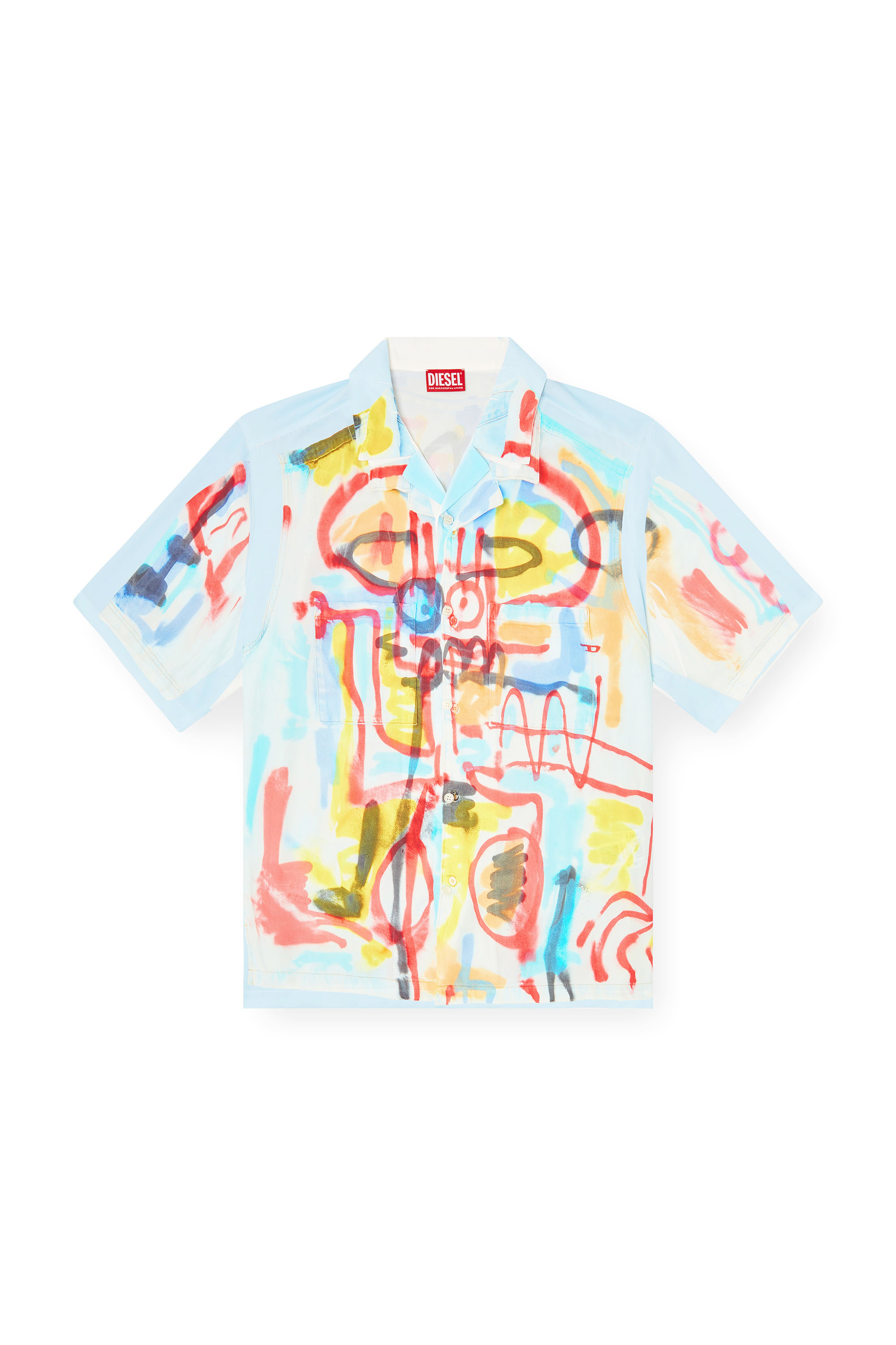 Diesel - C-PAROSHORT-GRAFFITI-AFR, Unisex's Satin bowling shirt with graffiti print in ライトブルー - 2