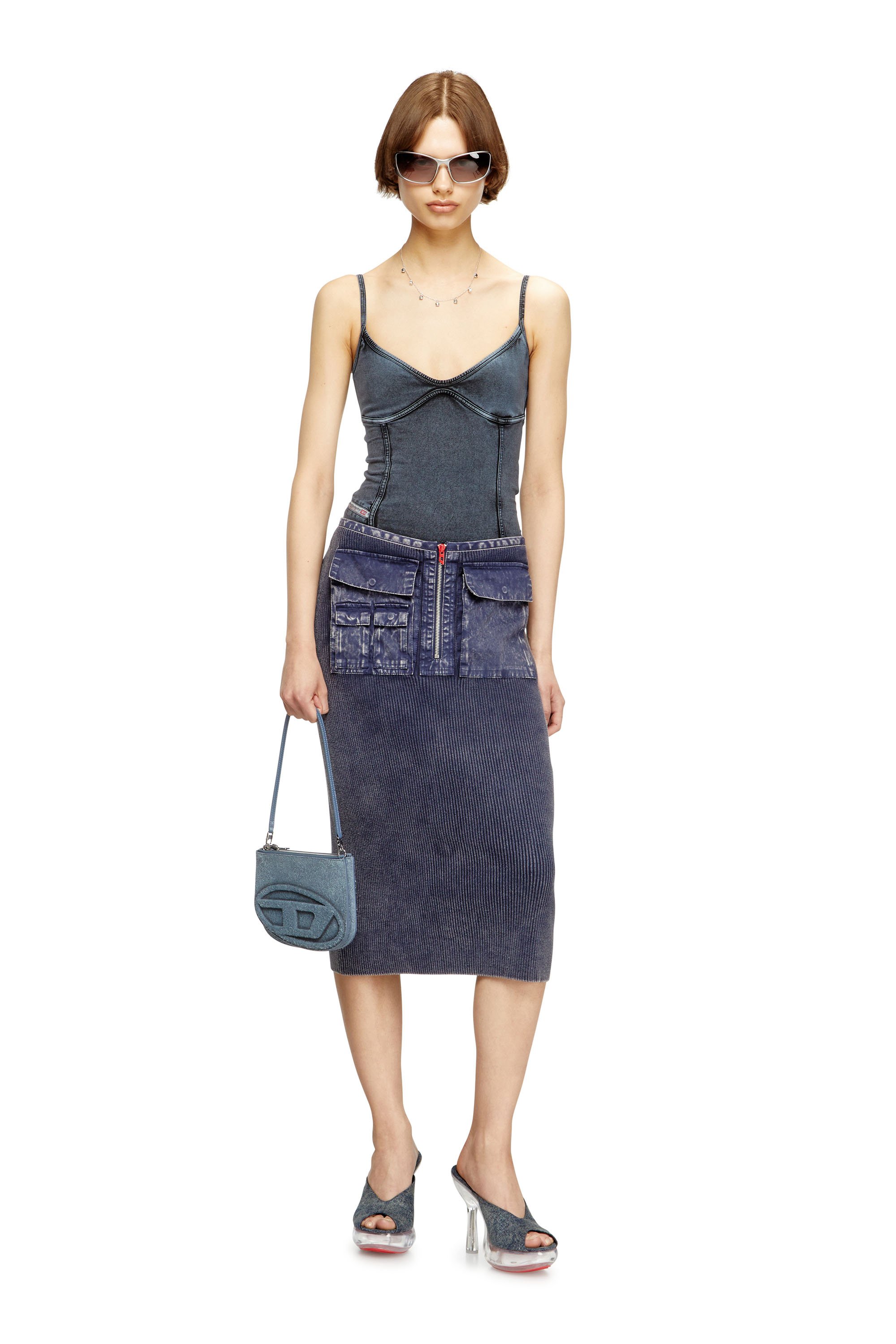 Diesel - M-MERYN, Female's Knit midi skirt with denim cargo pockets in ブルー - 1
