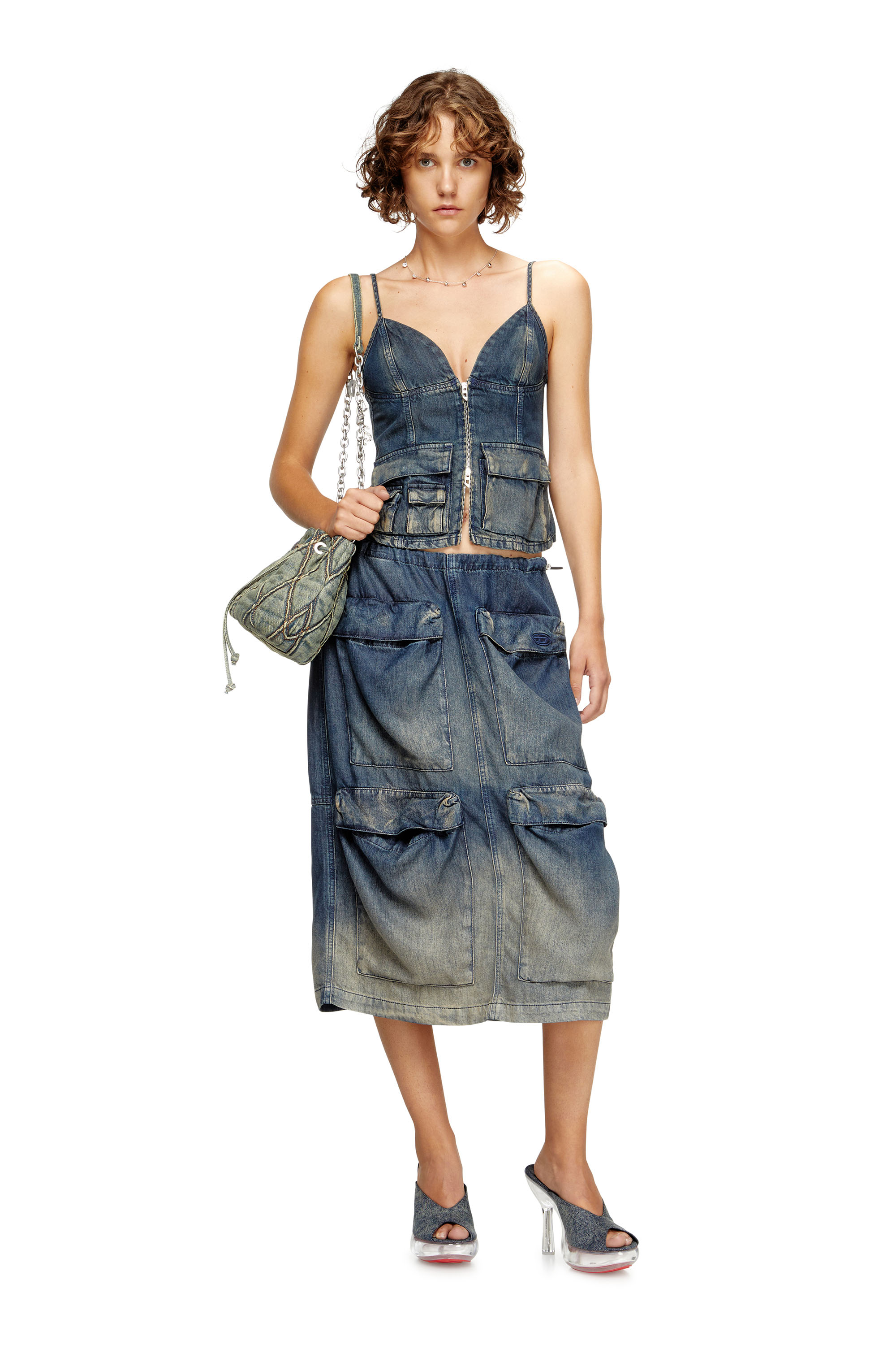 Diesel - DE-MEGI-S, Female's Midi skirt in gradient fluid denim in ダークブルー - 1