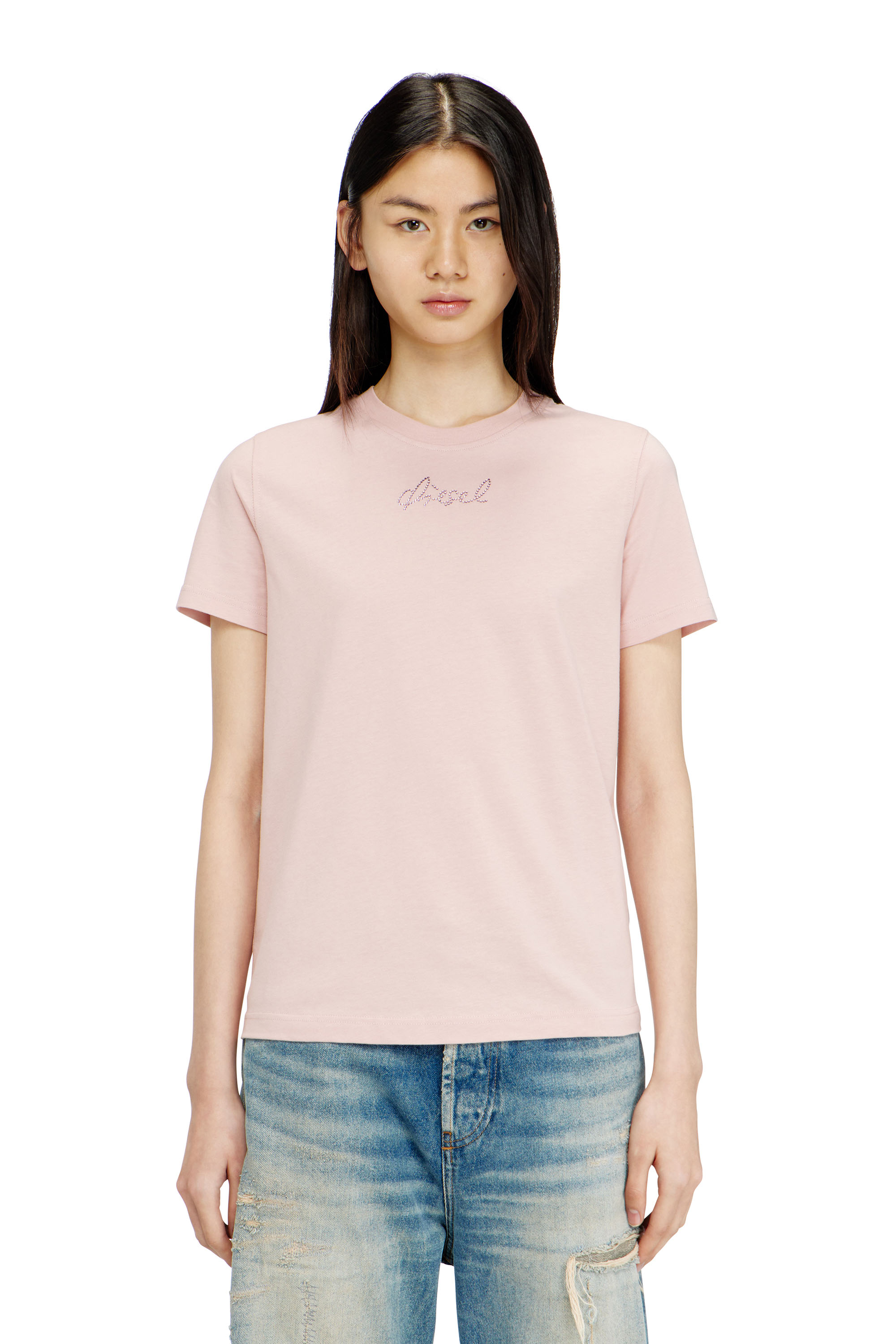 Diesel - T-REG-S2, Female's Jersey top with round neck and small Diesel logo embroidery in ピンク / ホワイト - 1