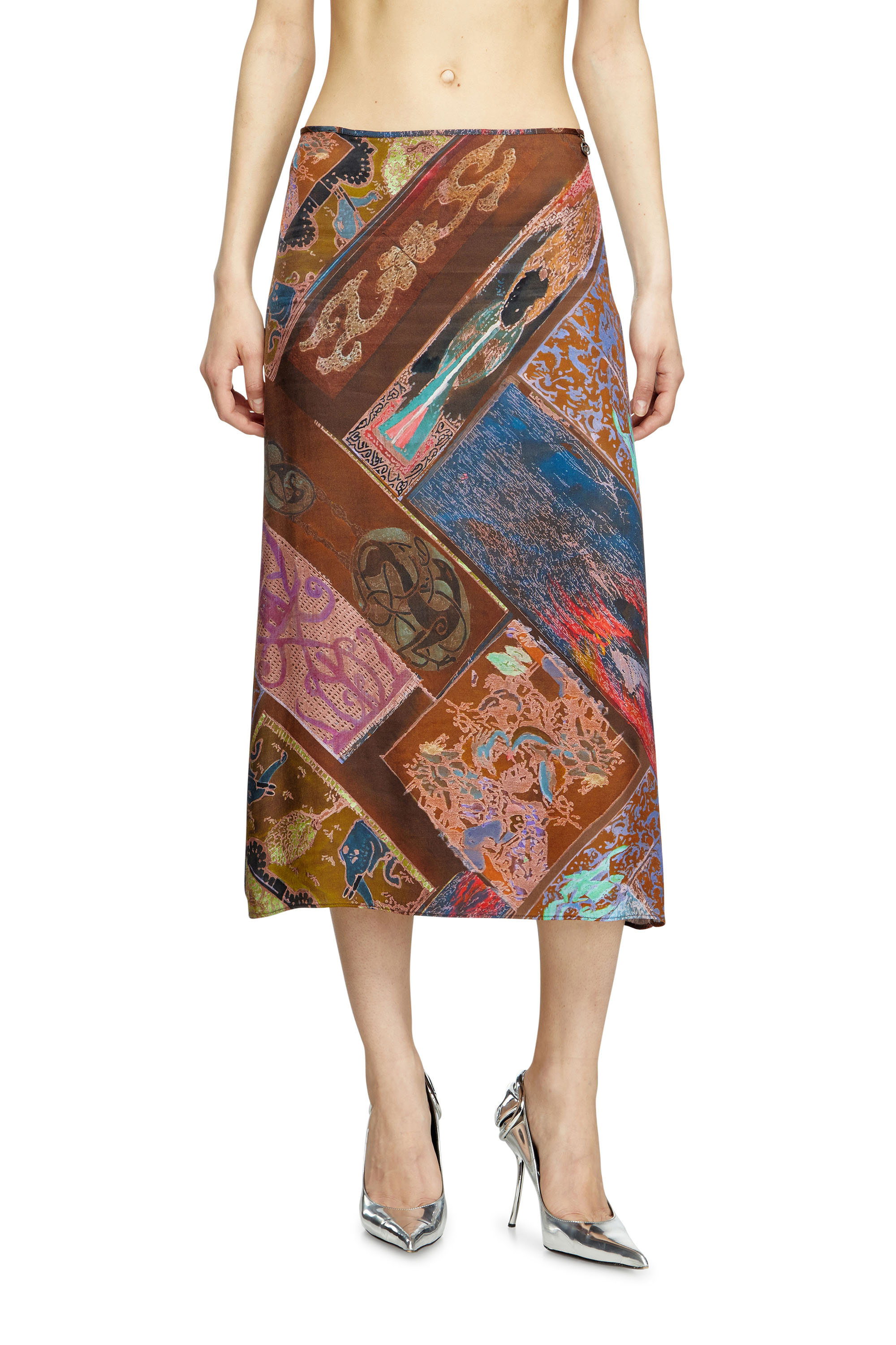 Diesel - O-RCHID, Female's Viscose midi skirt with Heraldic print in ブラウン - 1