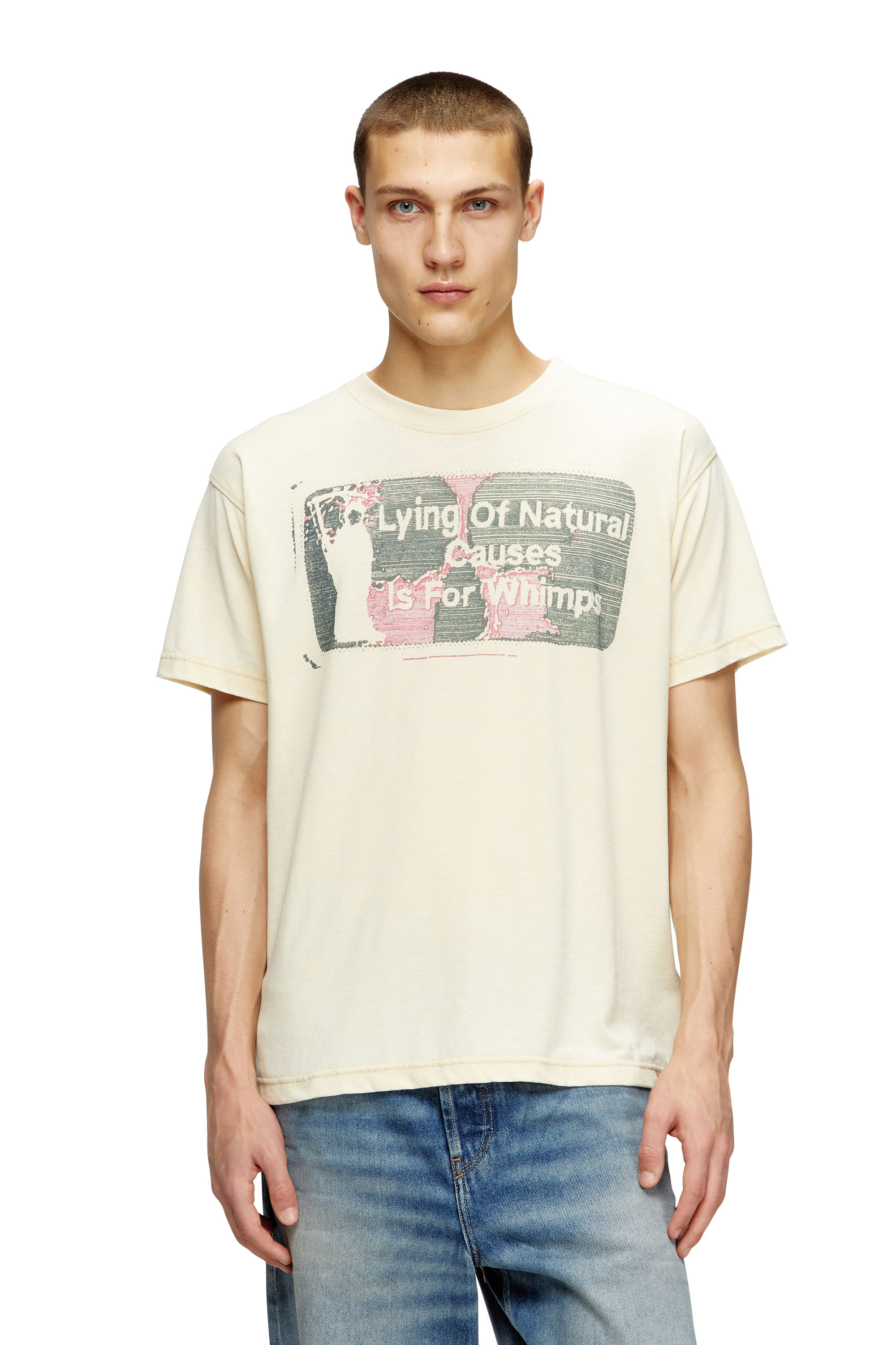 Diesel - T-NORM-T2, Male's Slogan T-shirt with burnout wash in ベージュ - 1