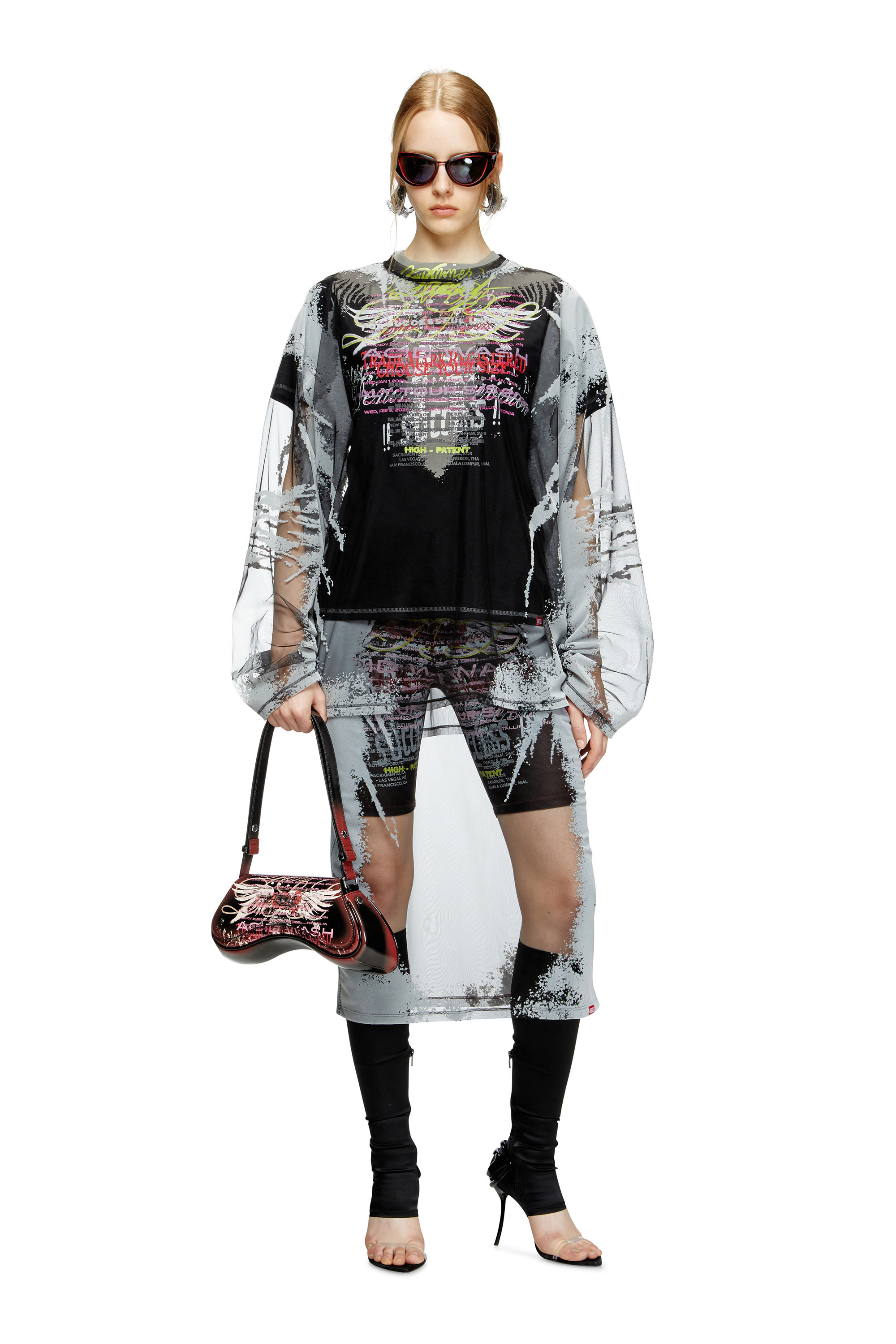 Diesel - O-LYAC, Female's Layered midi skirt with lyrics print in ブラック/グレー - 1