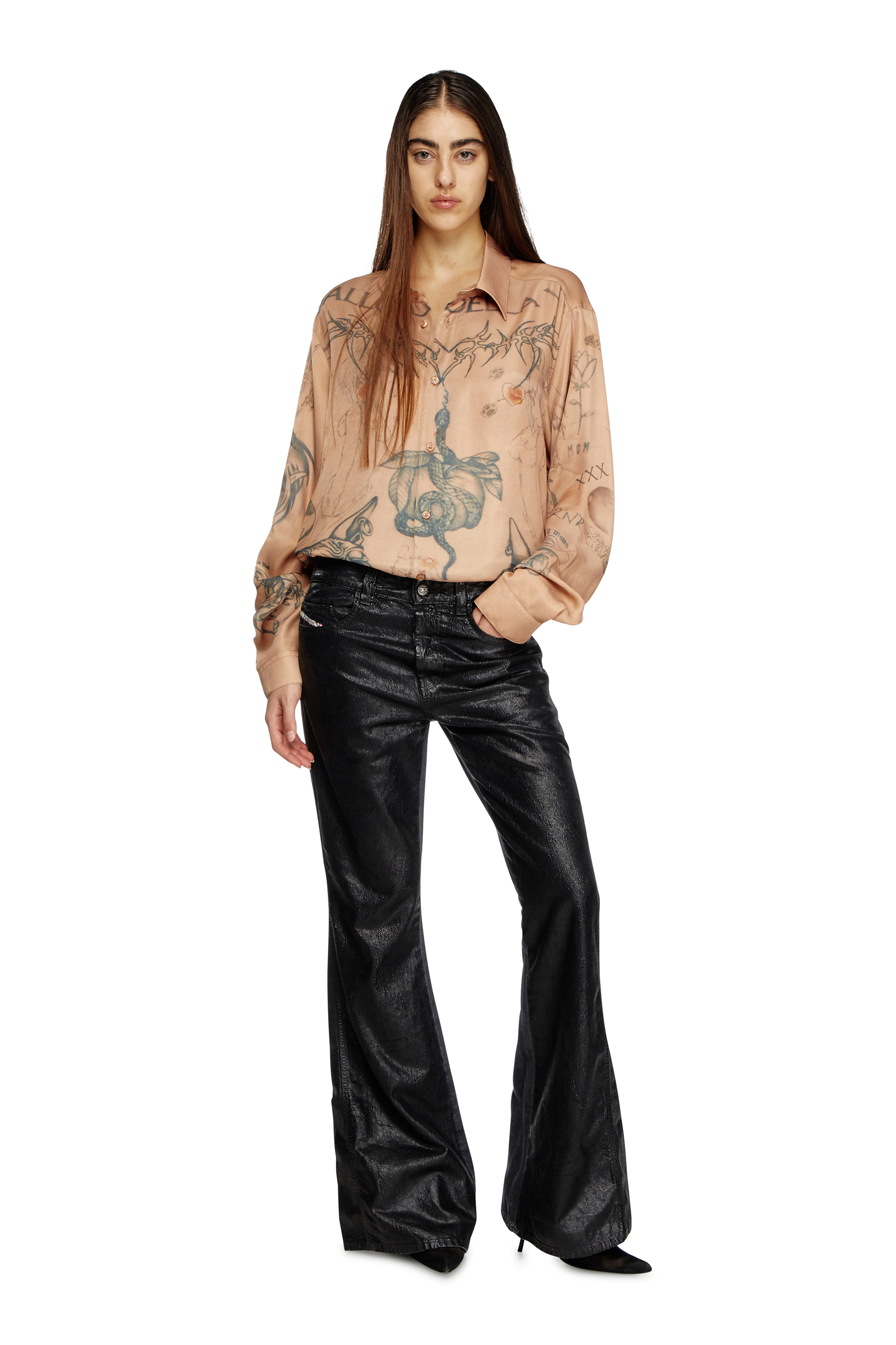 Diesel - S-SIMPLY-TTO-DD, Unisex's Fluid satin shirt with tattoo print in ベージュ - 8