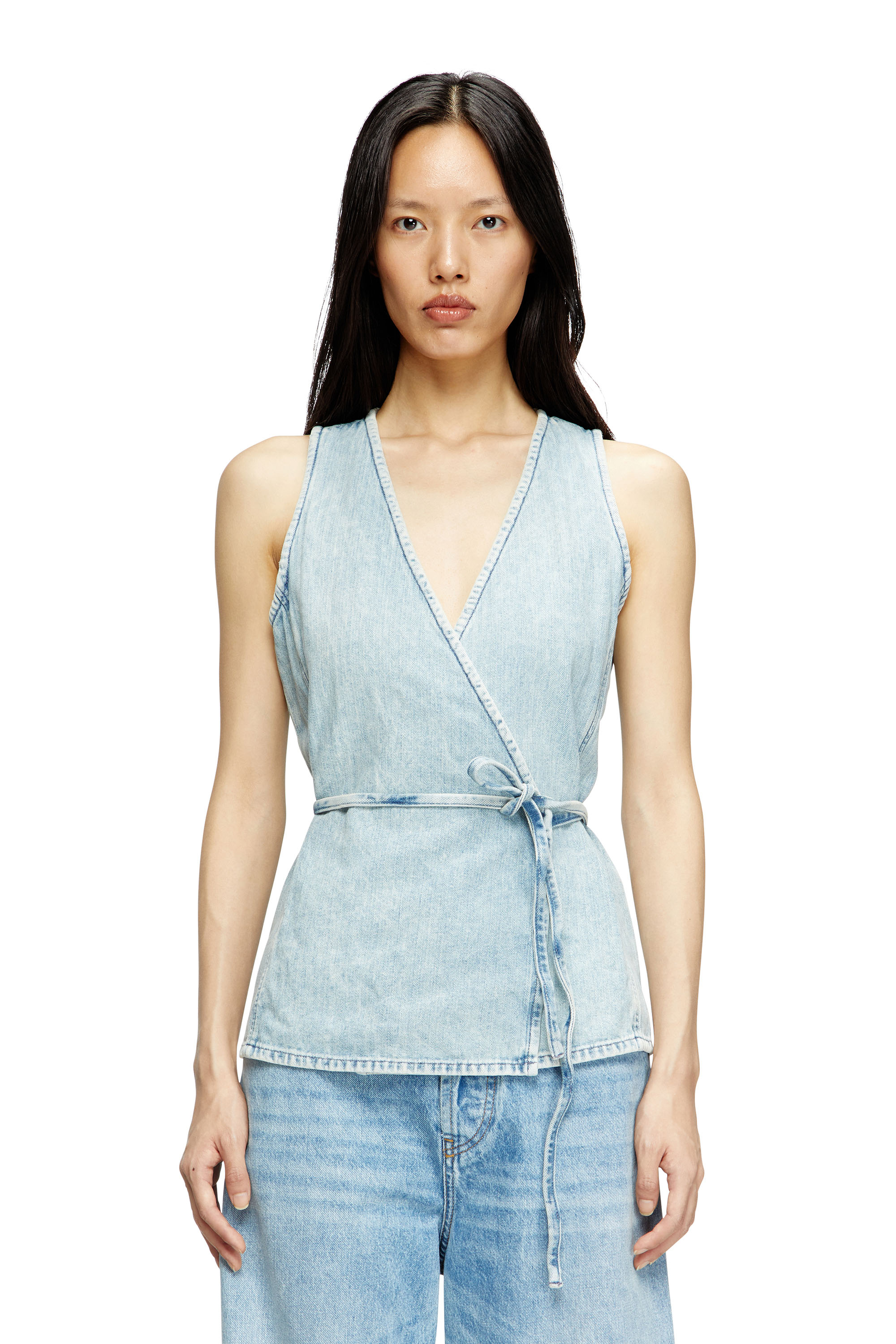 Diesel - DE-VERN, Female's Wrap top in herringbone denim in ライトブルー - 1