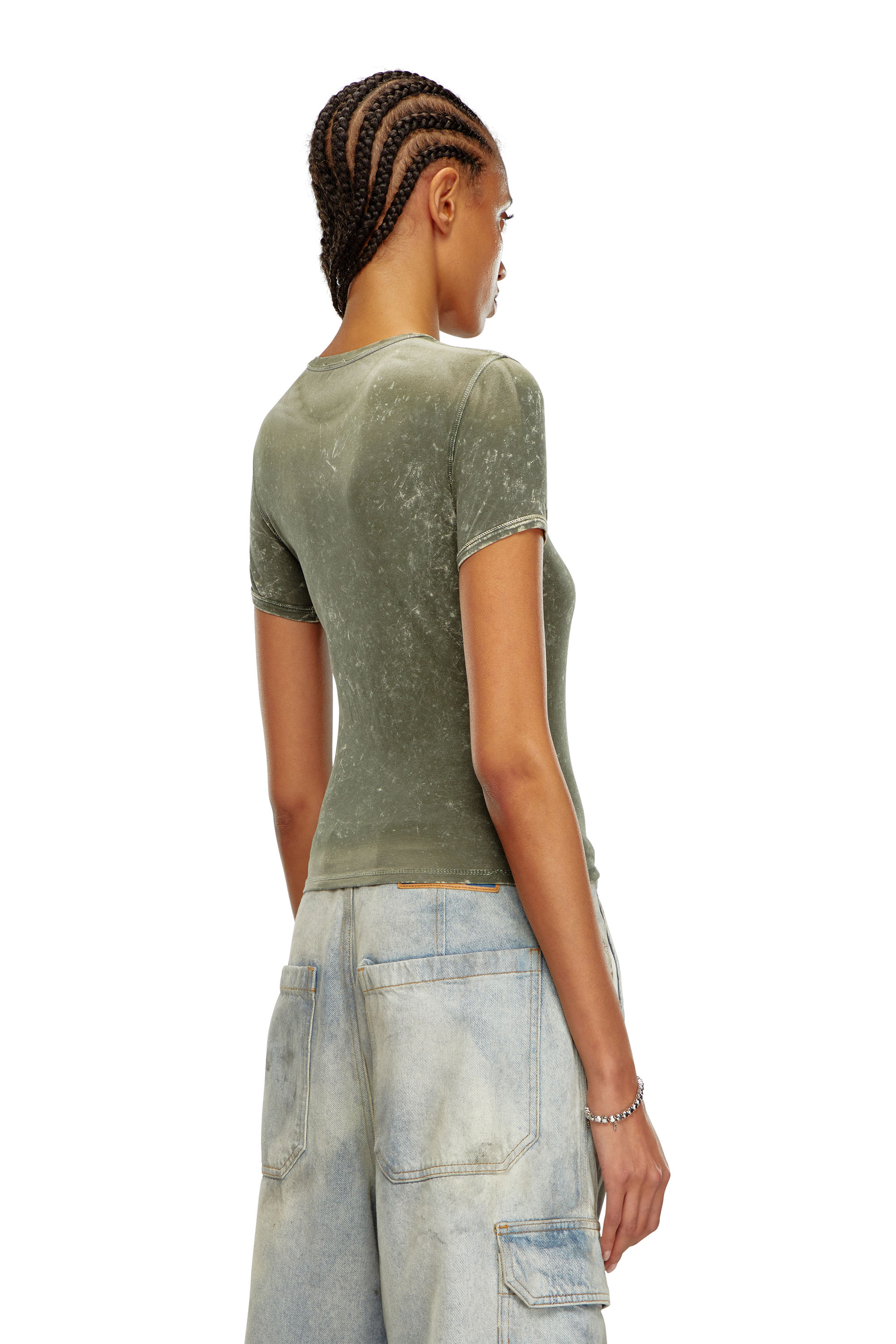 Diesel - T-UNCUTIES-P1, Female's Marble-effect T-shirt in stretch jersey in オリーブグリーン - 4
