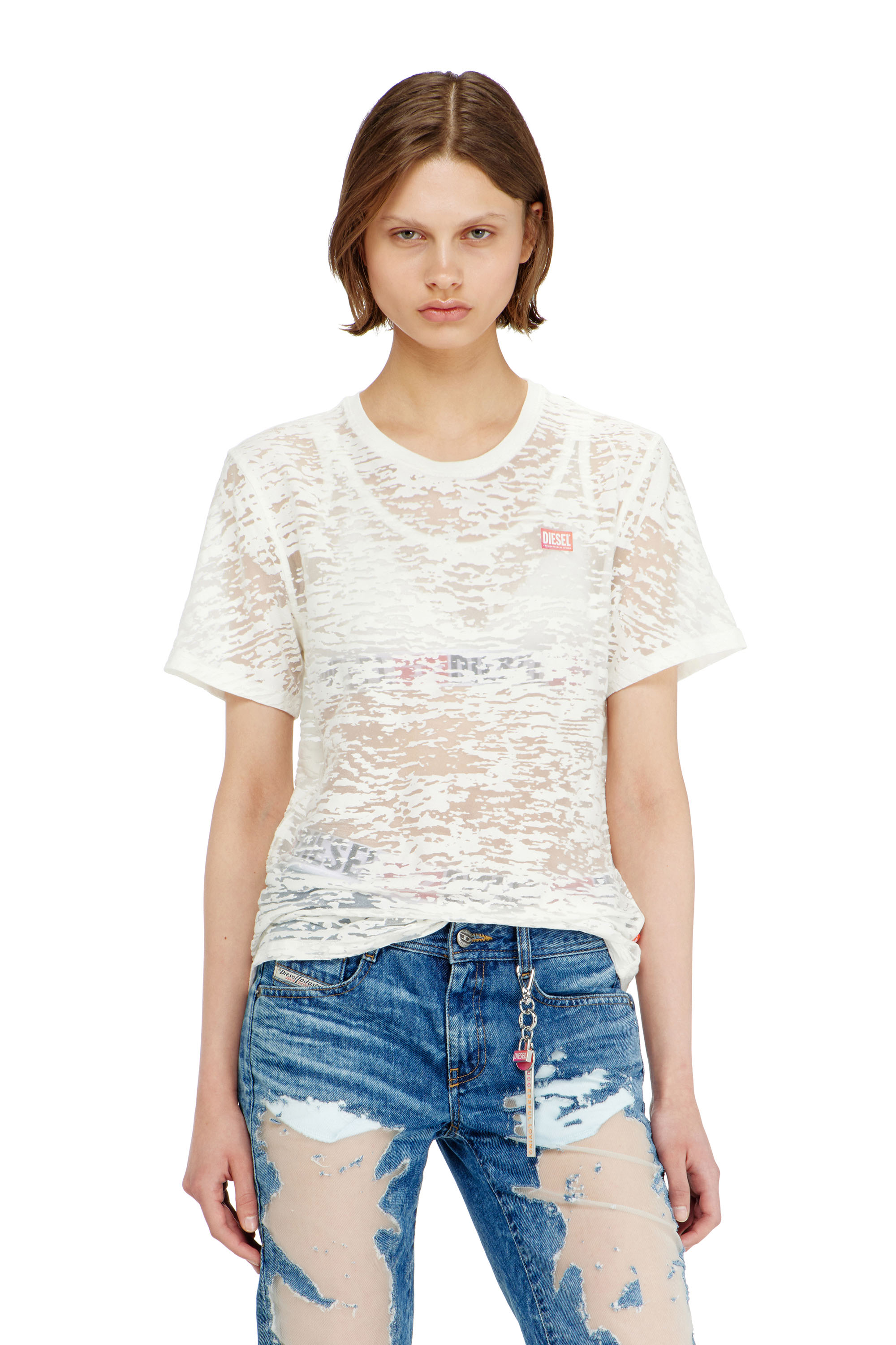 Diesel - PR-T-NOTS-MATI-R, Unisex's T-shirt in all-over devor&eacute; jersey in ホワイト - 5