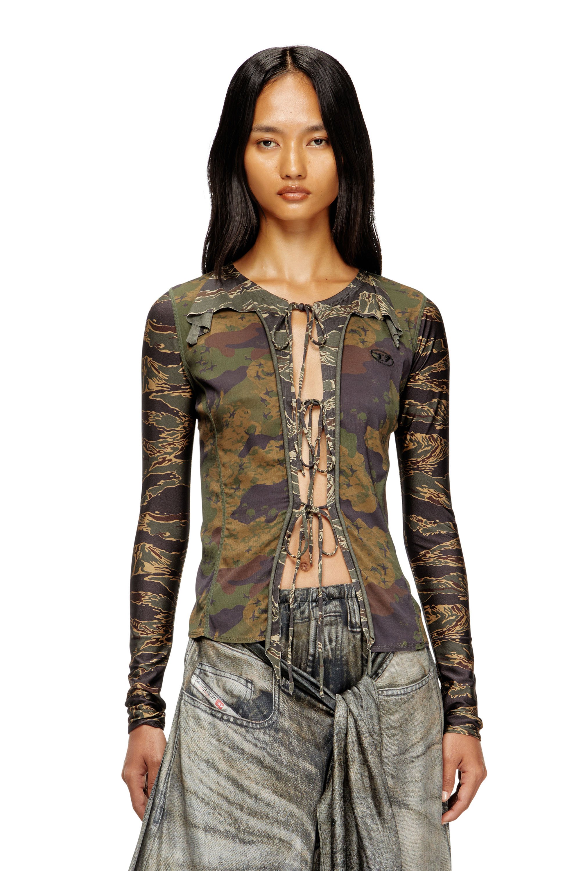 Diesel - T-AFRY, Female's Tie cardigan with mixed camo prints in ミリタリーグリーン - 1