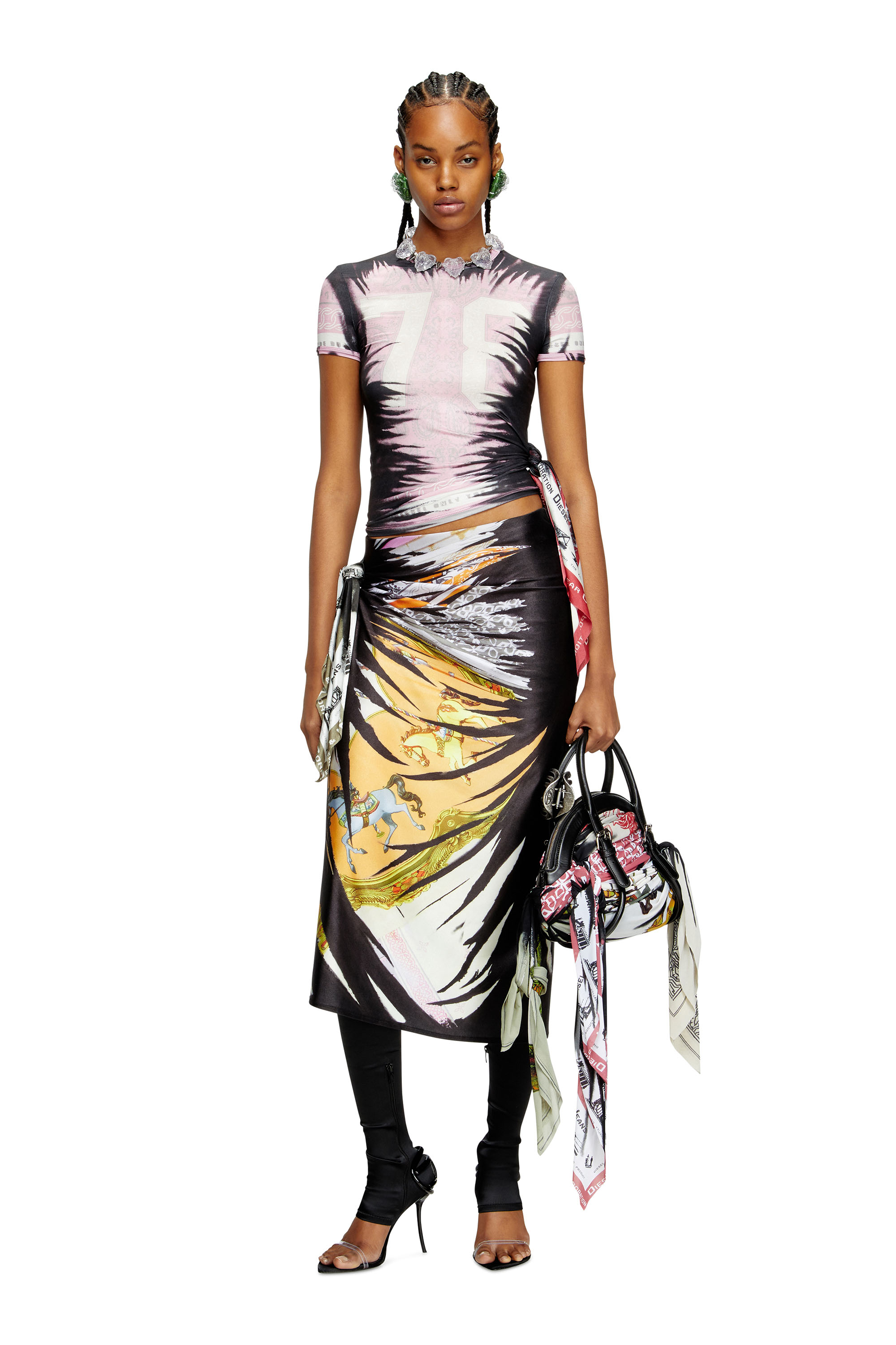 Diesel - T-DASHA, Female's Draped top with bandana knot in ブラック/ピンク - 1