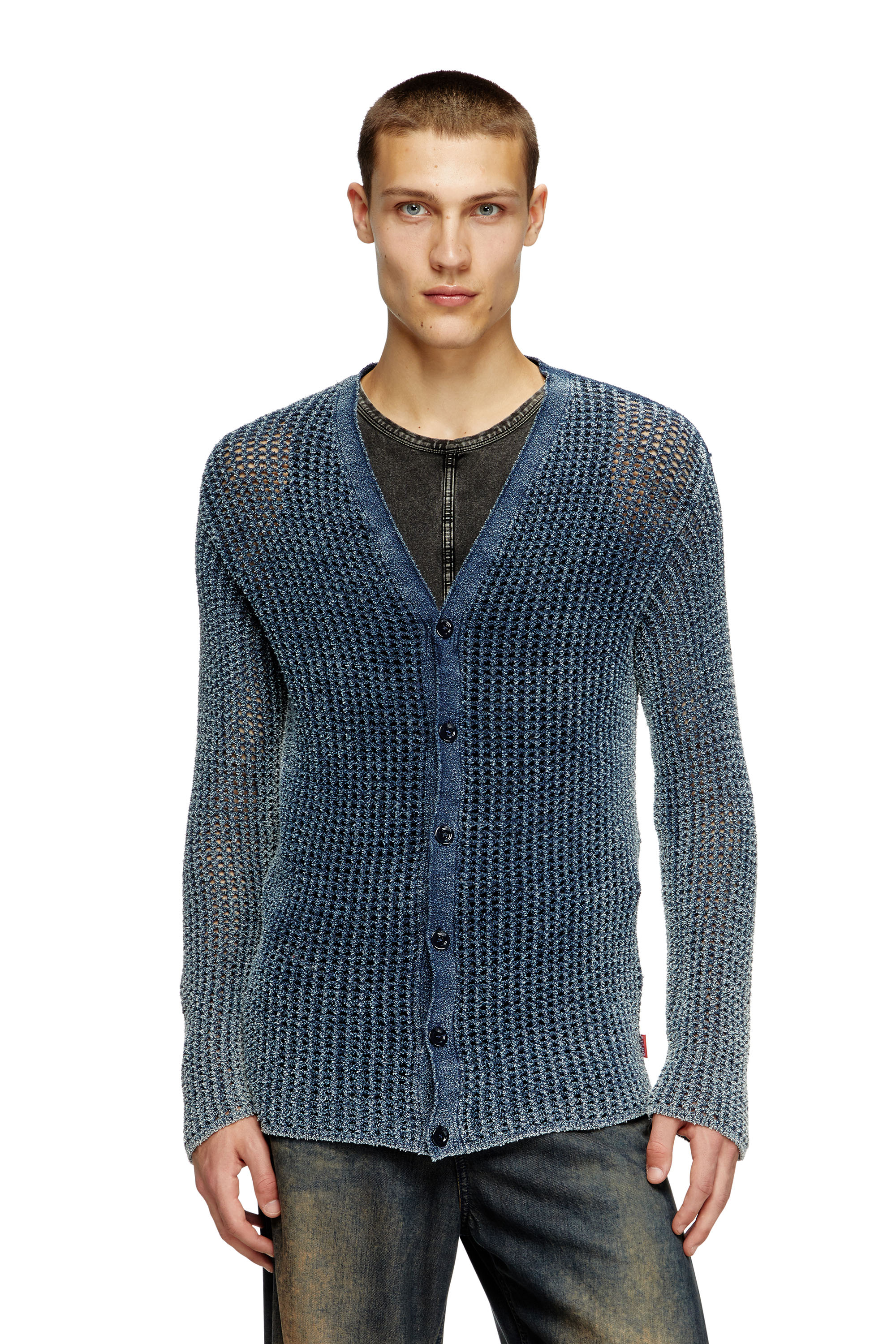 Diesel - K-REDRAM, Male's Mesh-knit cardigan in denim yarn in ブルー - 1