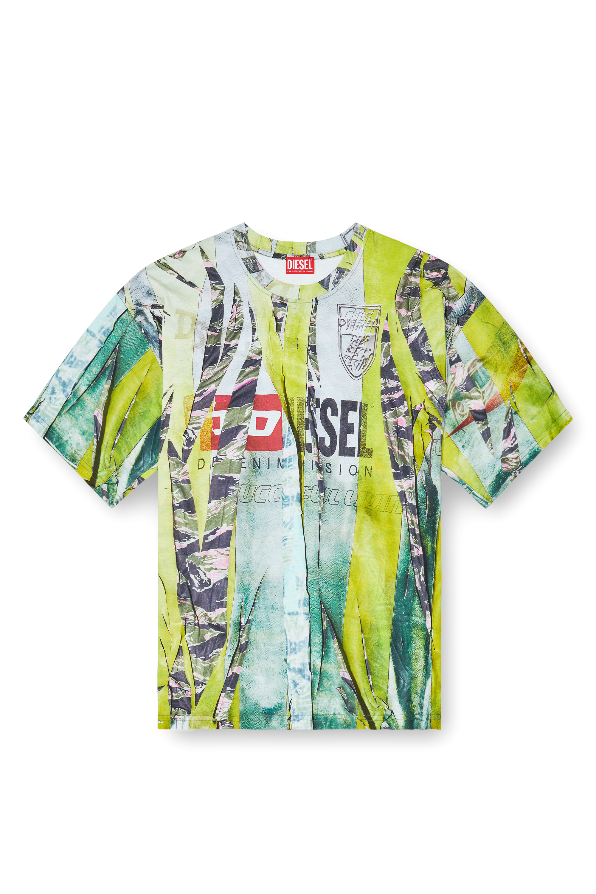 Diesel - T-BOXT-R13, Male's T-shirt with trompe l'oeil cracked print in グリーン/イエロー - 3