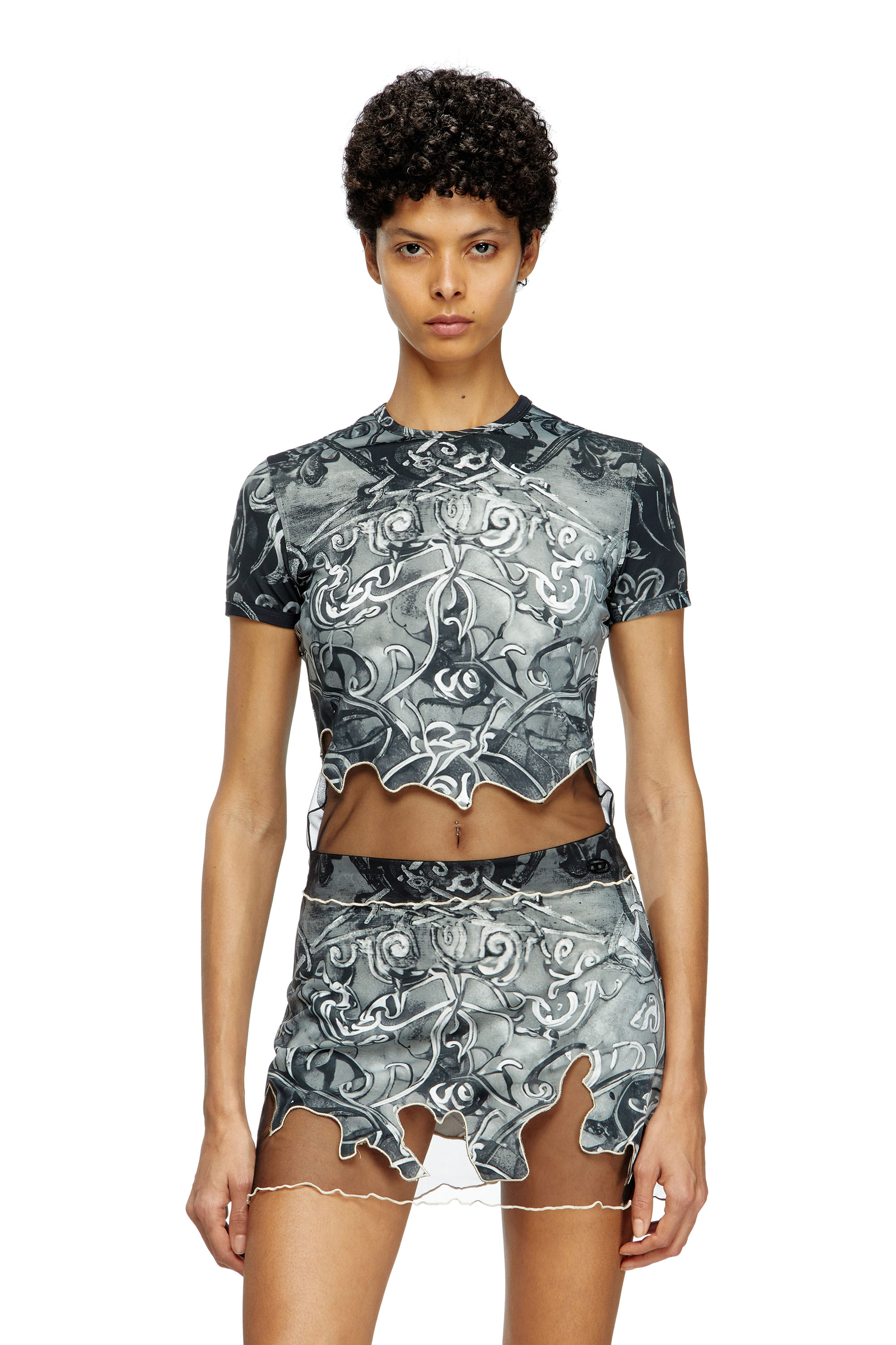 Diesel - T-INLAY, Female's Nylon T-shirt with Heraldic print in ブラック/グレー - 1