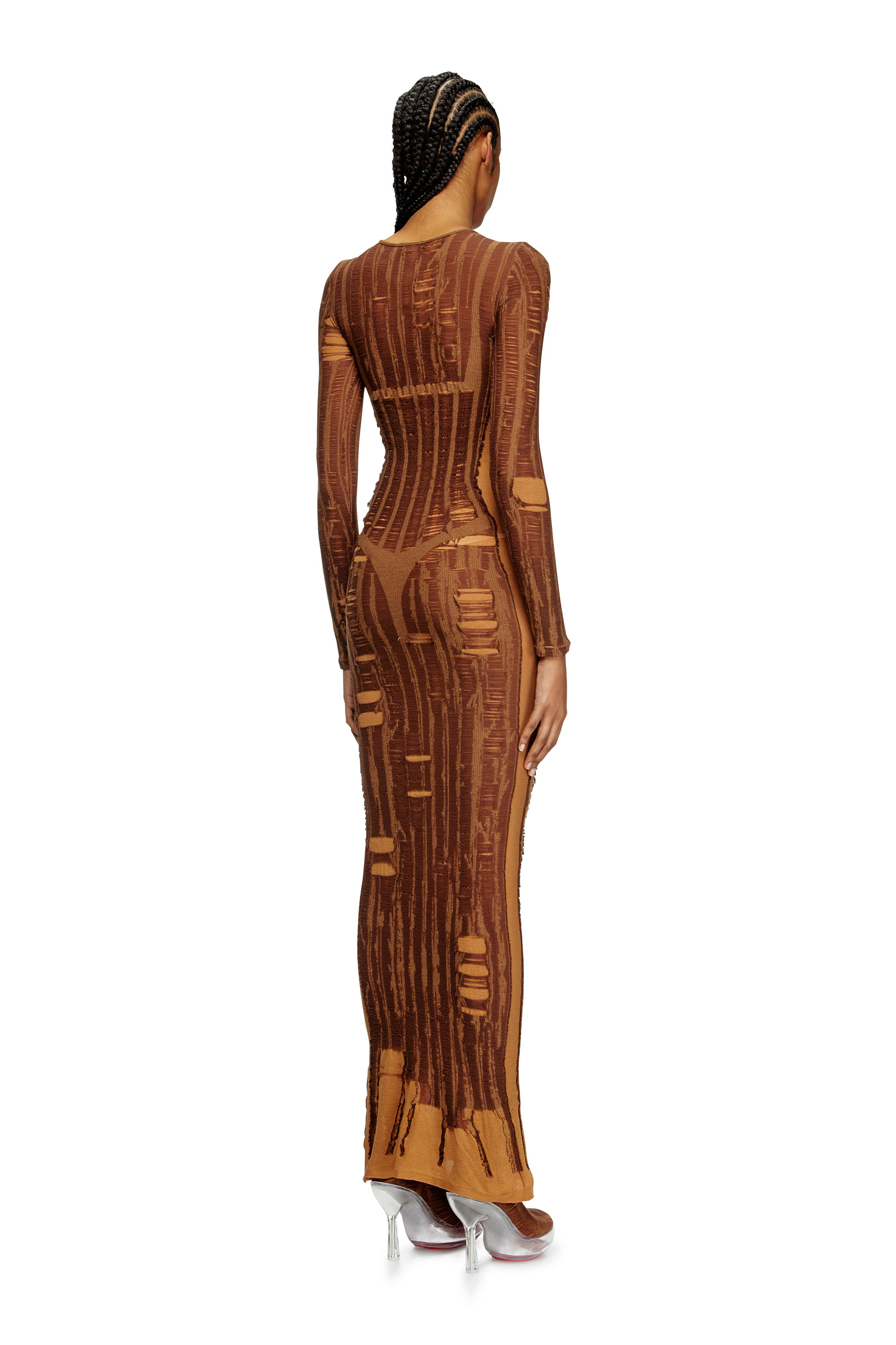 Diesel - M-CALIMERA, Female's Maxi dress in distressed second-skin knit in ブラウン - 3