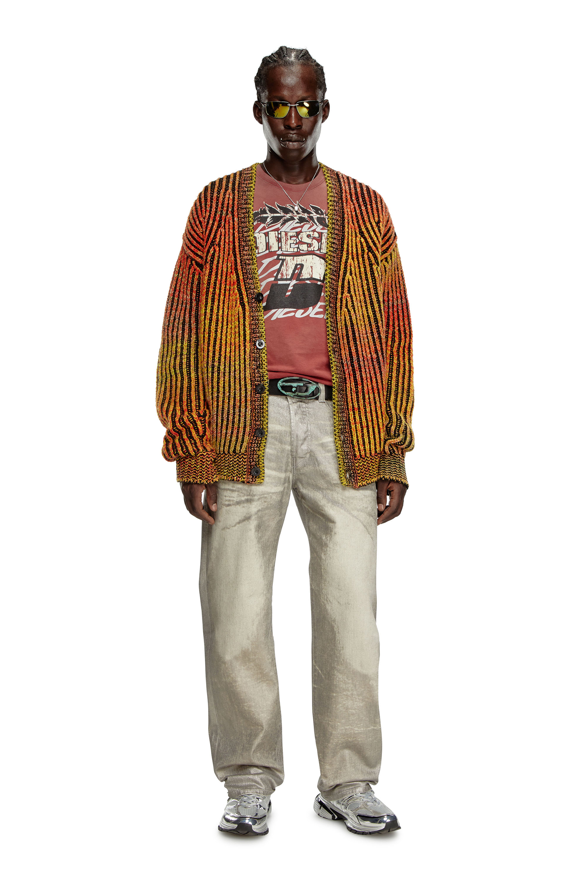 Diesel - K-OAKLAND-CR, Male's Striped ribbed cardigan in wool blend in オレンジ - 2