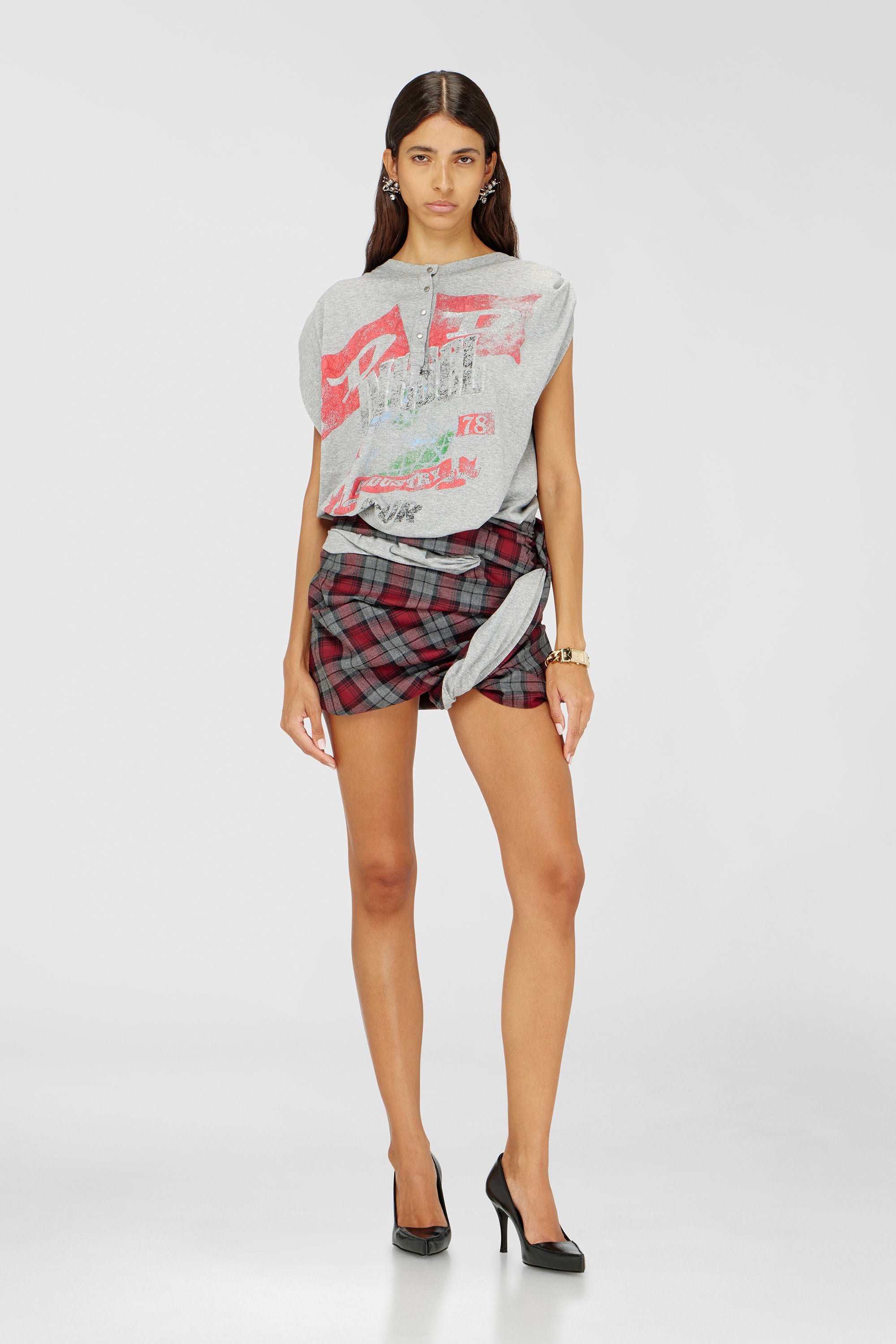 Diesel - J-VOXA-CHECK, Female's Playsuit in jersey and check wool in レッド/グレー - 2