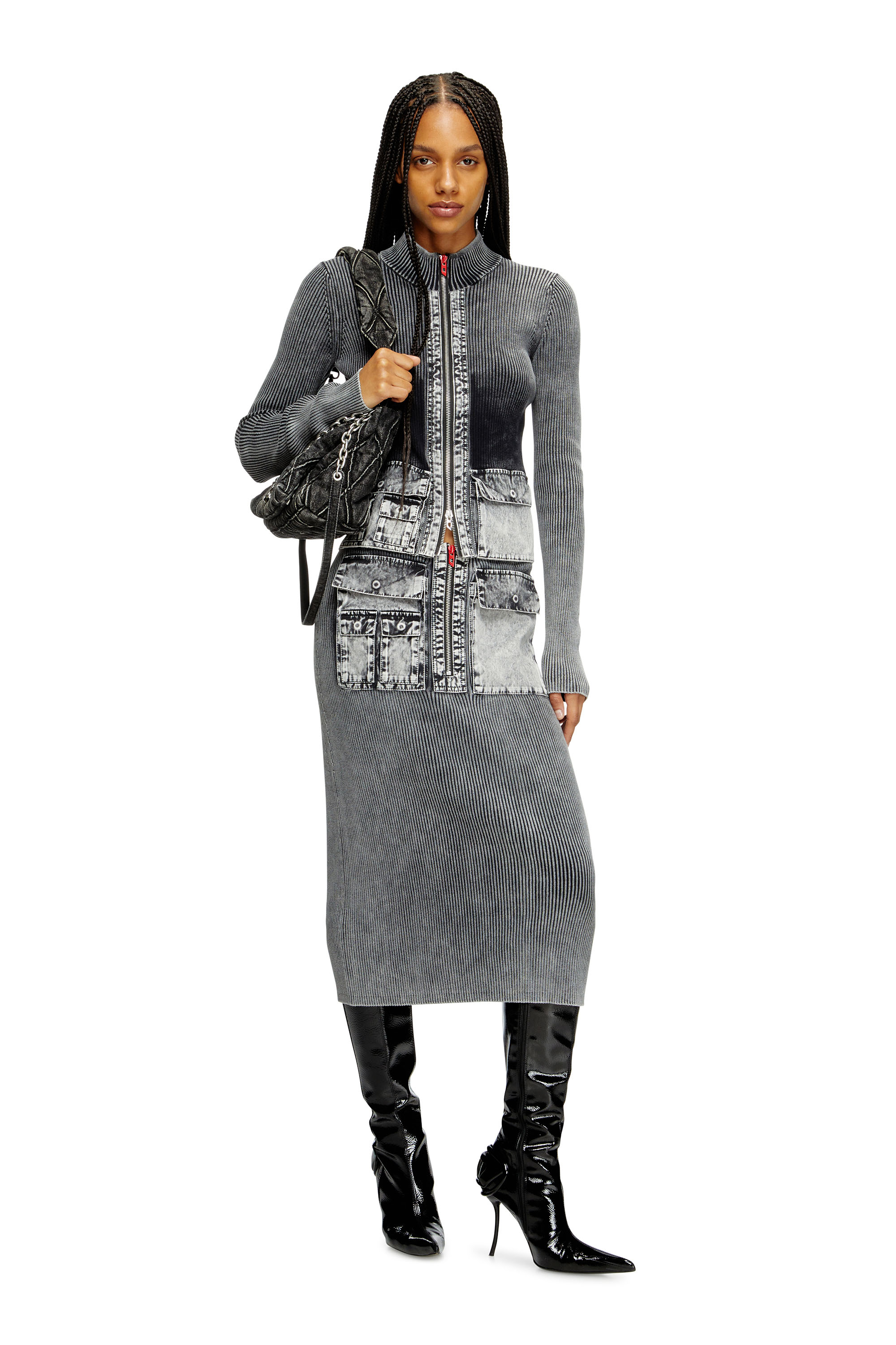 Diesel - M-MERYN, Female's Knit midi skirt with denim cargo pockets in ダークグレー - 2