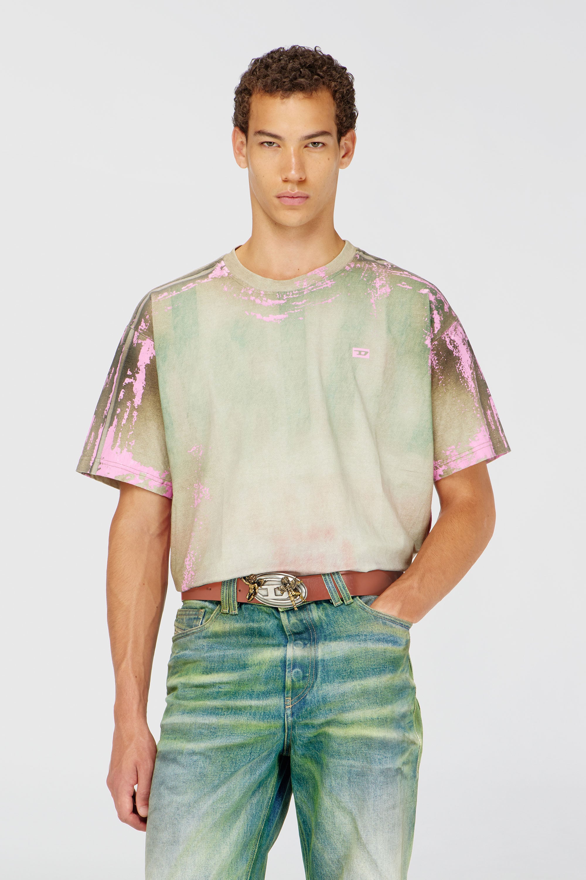 Diesel - T-FILMY-SHO, Male's T-shirt in cracked leather-effect jersey in ピンク/グリーン - 1