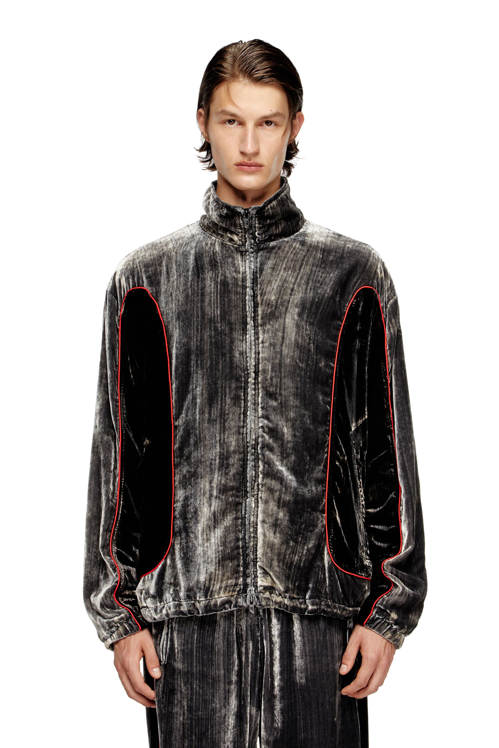 Diesel - J-HAY, Male's Track jacket in treated velvet in ブラック/レッド - 1