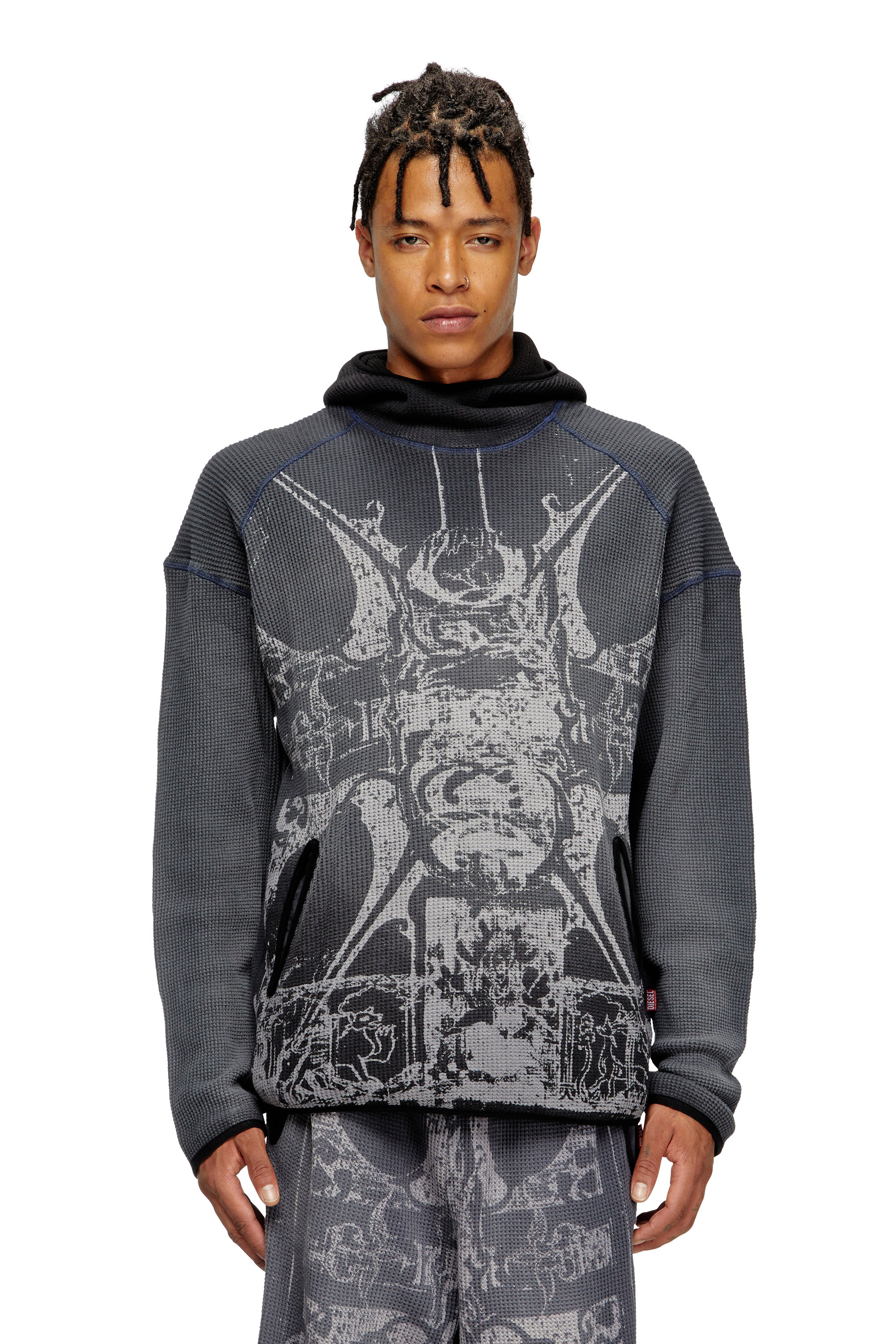 Diesel - S-WAF-HOOD-NEW, Male's Faded waffle hoodie with graphic print in ブラック - 1