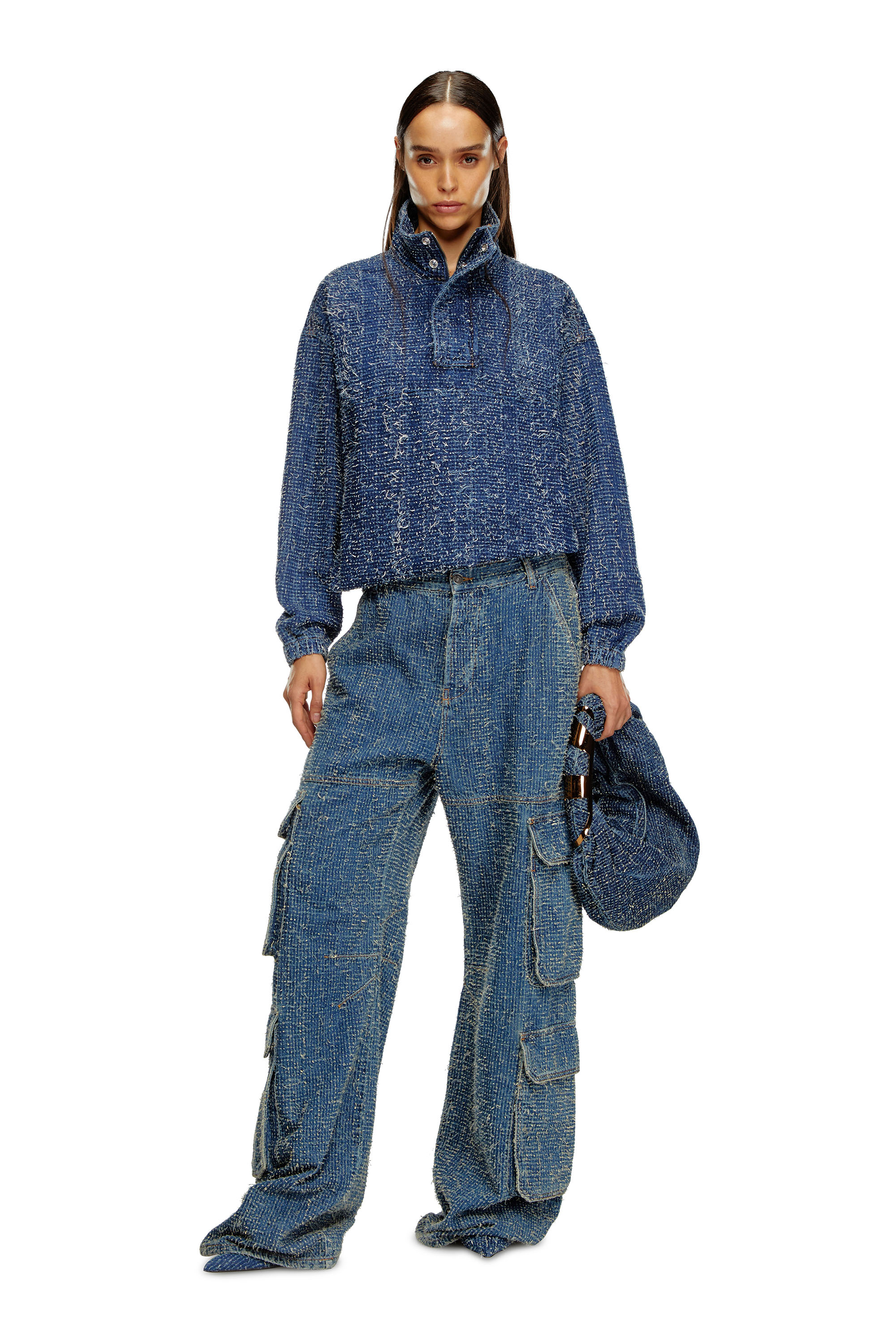 Diesel - D-FLOW-S, Unisex's Pullover jacket in bouclé denim in ダークブルー - 7