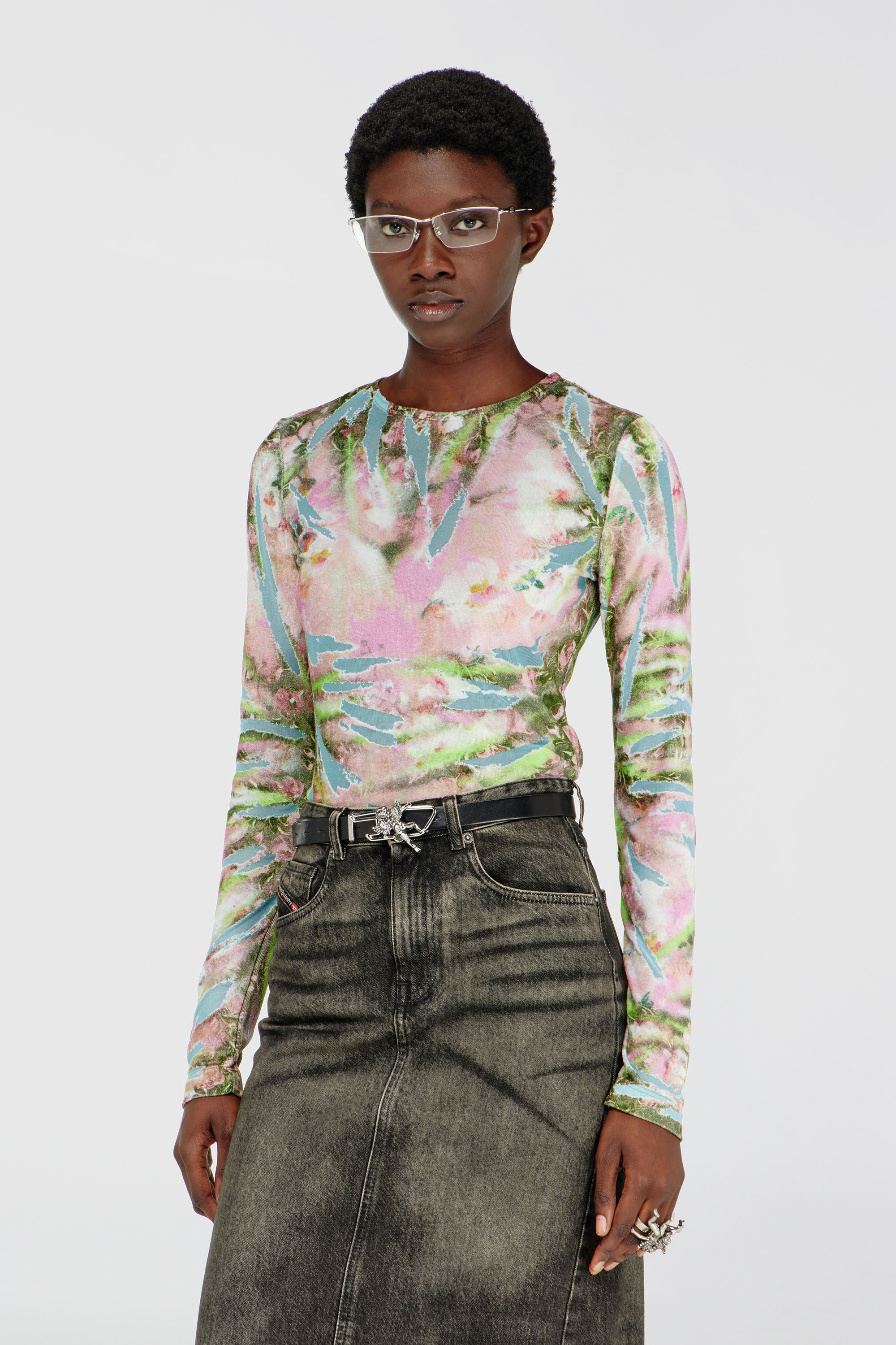 Diesel - T-ALIA, Female's Floral print top in burnout viscose chenille in ブルー/ピンク - 1