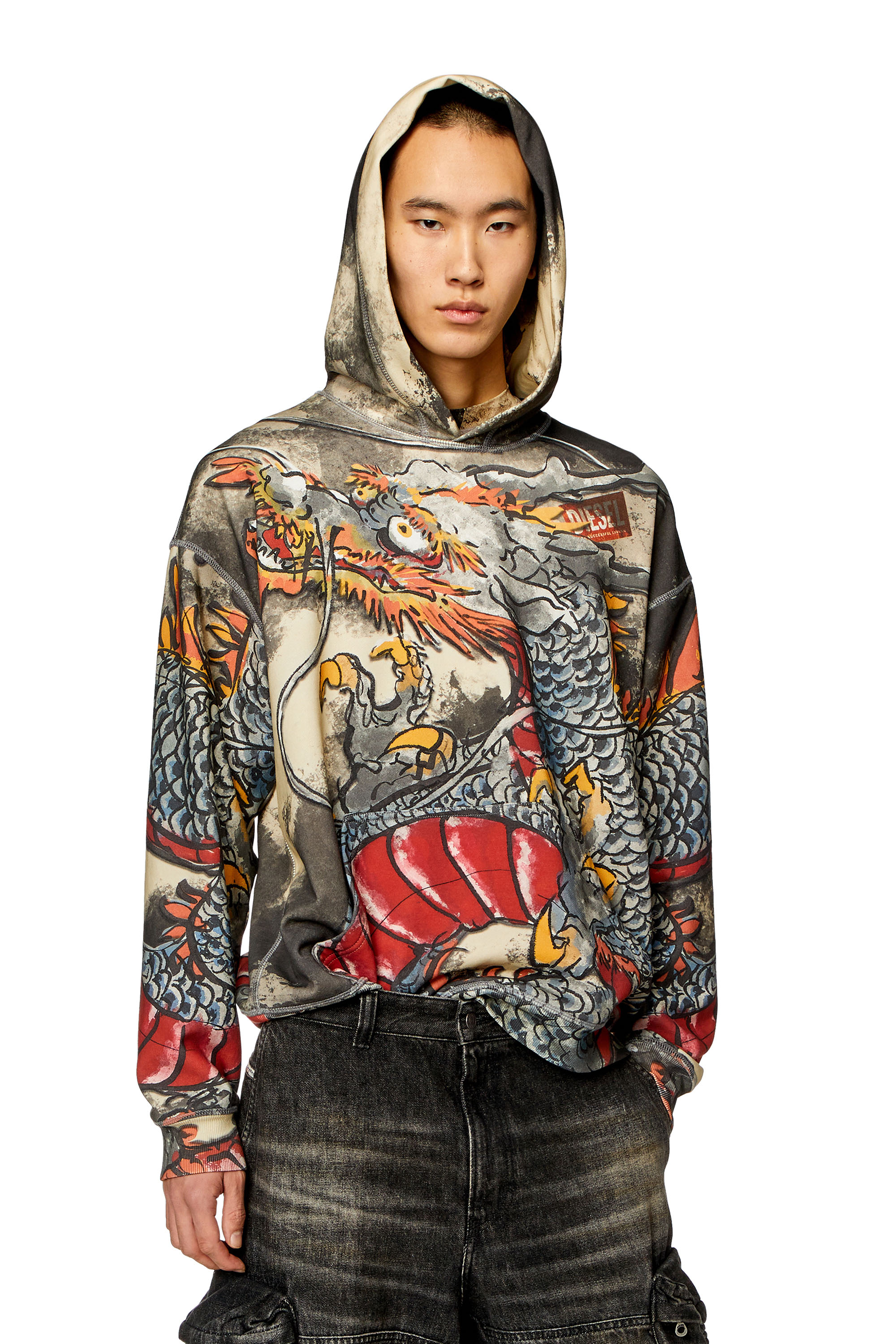 Diesel - CL-S-BOXT-HOOD-DRAGON, Unisex's Hoodie with Dragon print in ブラック/グレー - 1