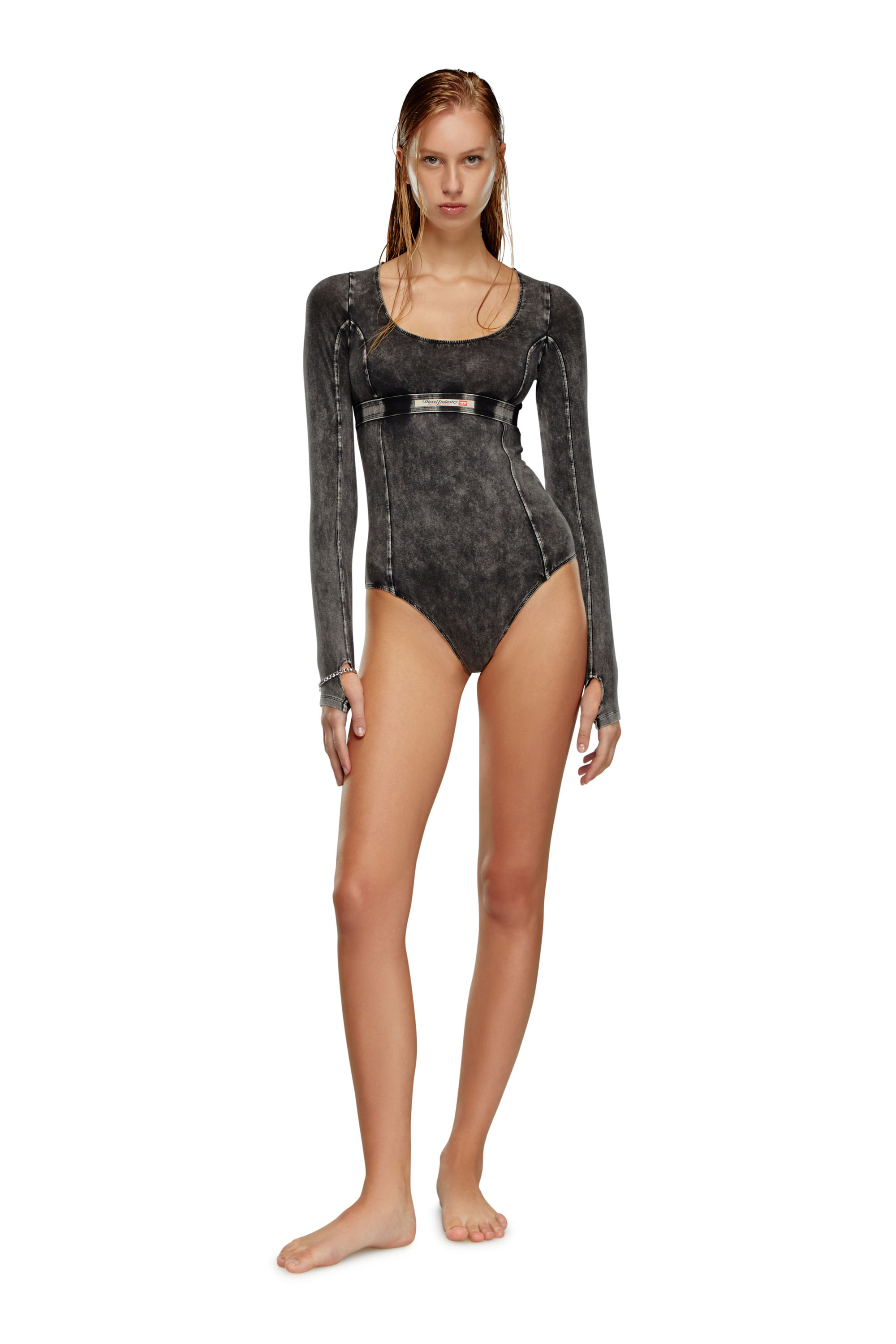 Diesel - UFBY-NIKLA, Female's Long-sleeve bodysuit in denim-effect jersey in ブラック - 1