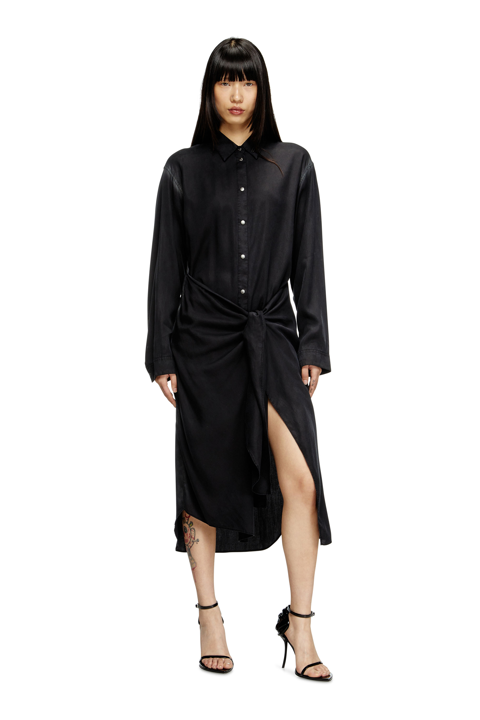 Diesel - D-ILETTA-R1, Female's Wrap shirt dress in treated twill in ブラック - 2