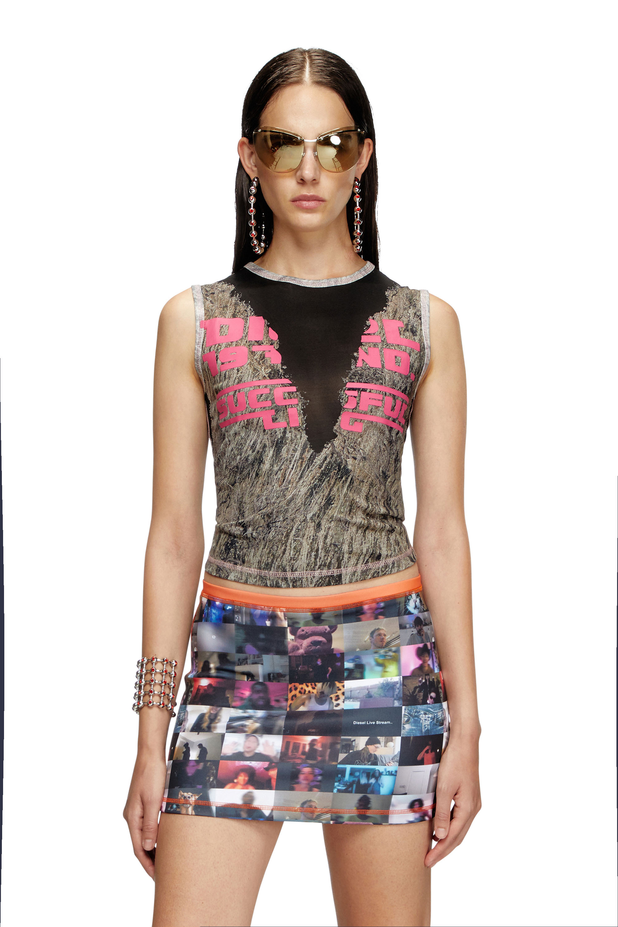 Diesel - T-MELYA, Female's Camo tank top with devoré sweat stains in ピンク/グレー - 1