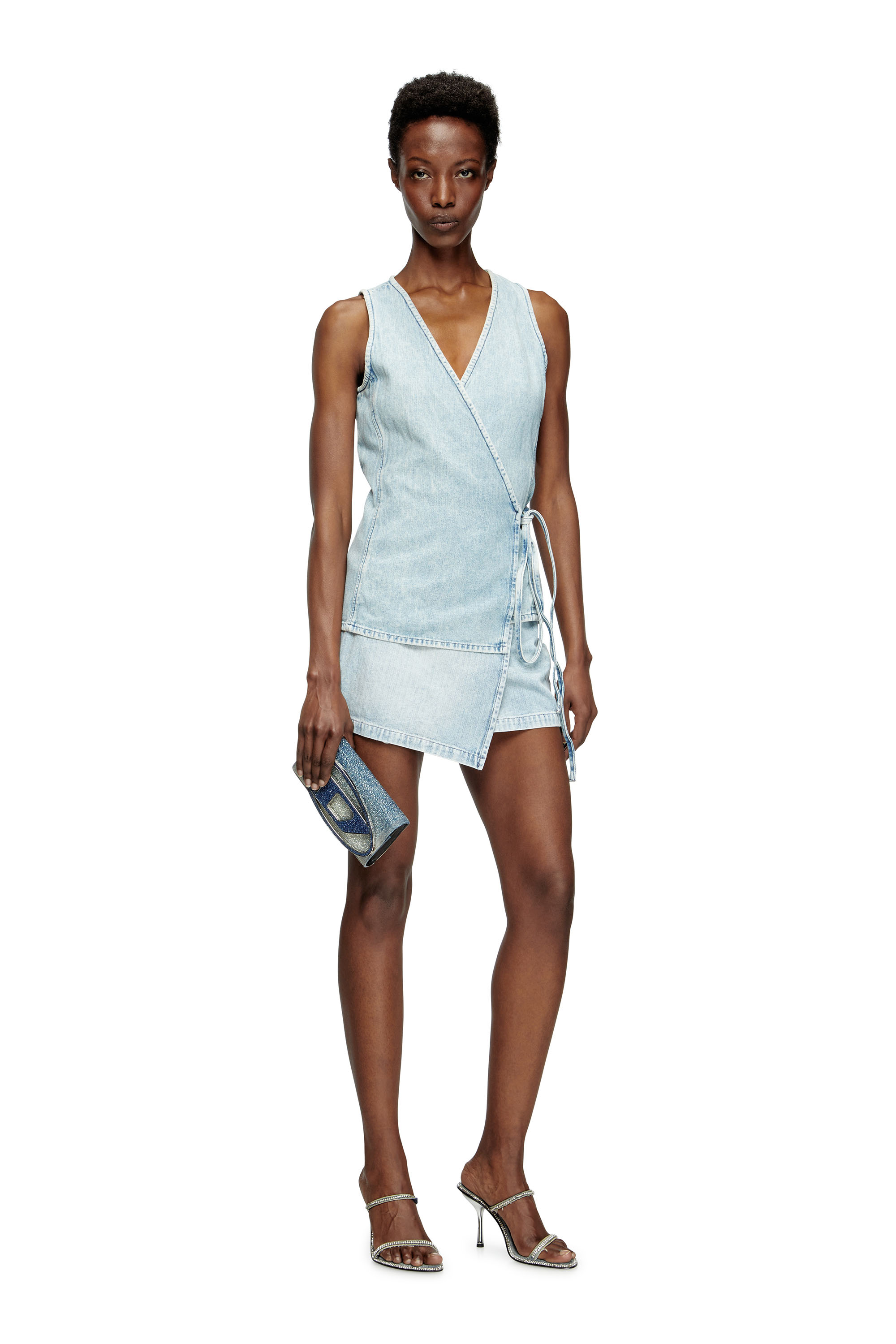 Diesel - DE-LEM-MINI, Female's Short wrap skirt in herringbone denim in ライトブルー - 2