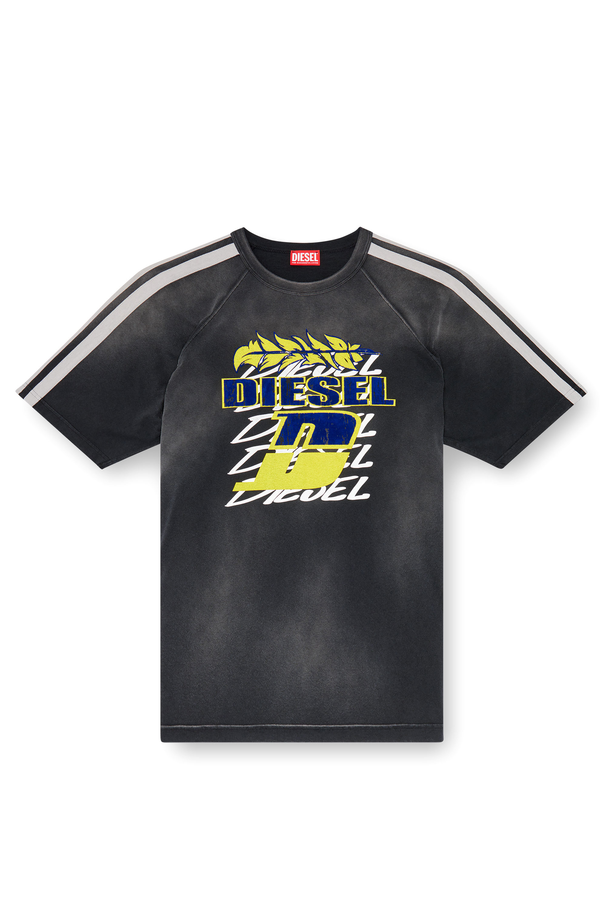 Diesel - T-ROXT-STRIPE, Male's Faded T-shirt with flocked logo print in ブラック - 3